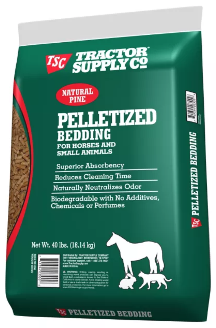 Packaging of pelletized bedding from Tractor Supply Co., designed for horses and small animals. Features benefits like superior absorbency and odor neutralization.