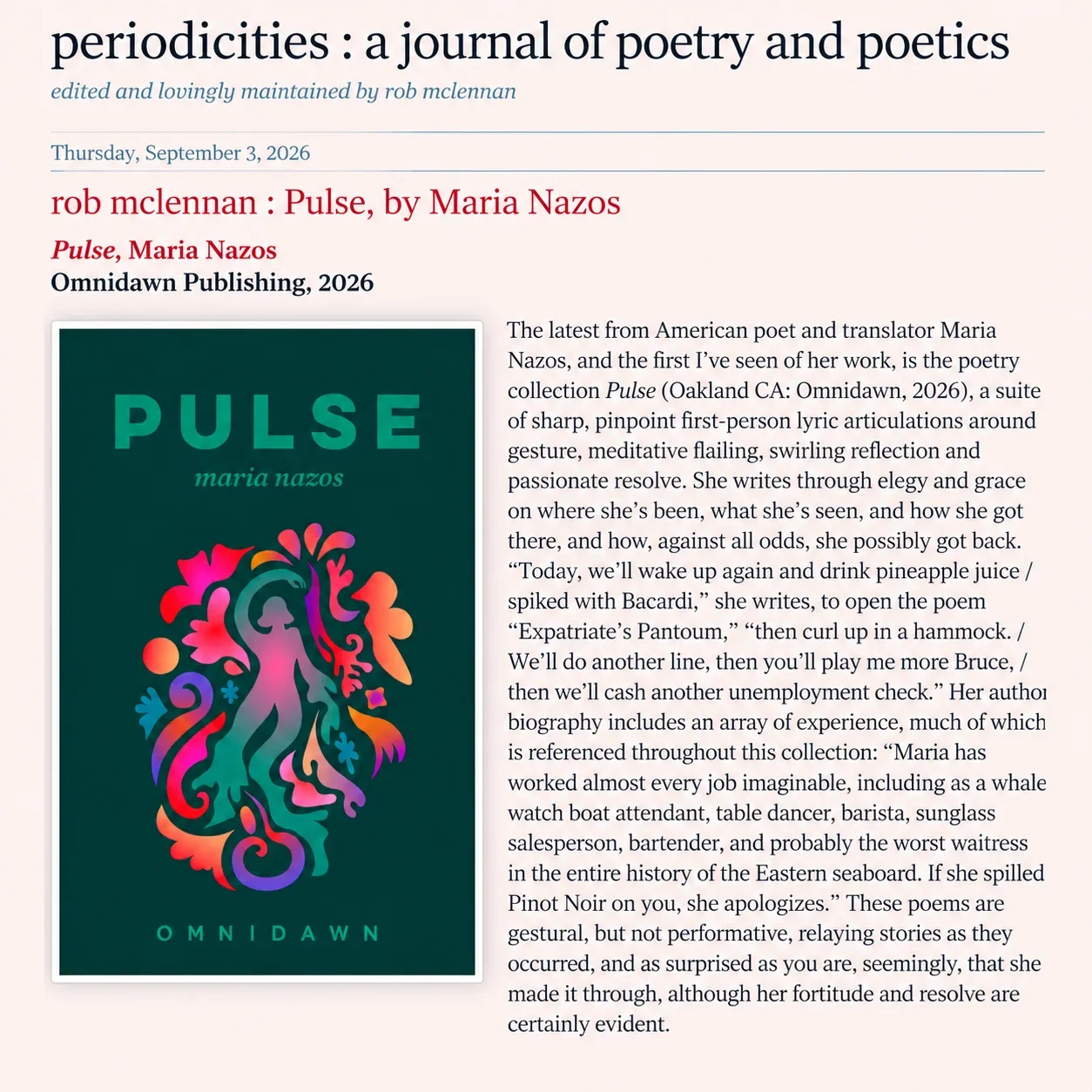 Review of PULSE by Rob McLennan at periodicies: a journal of poetry and poetics. 