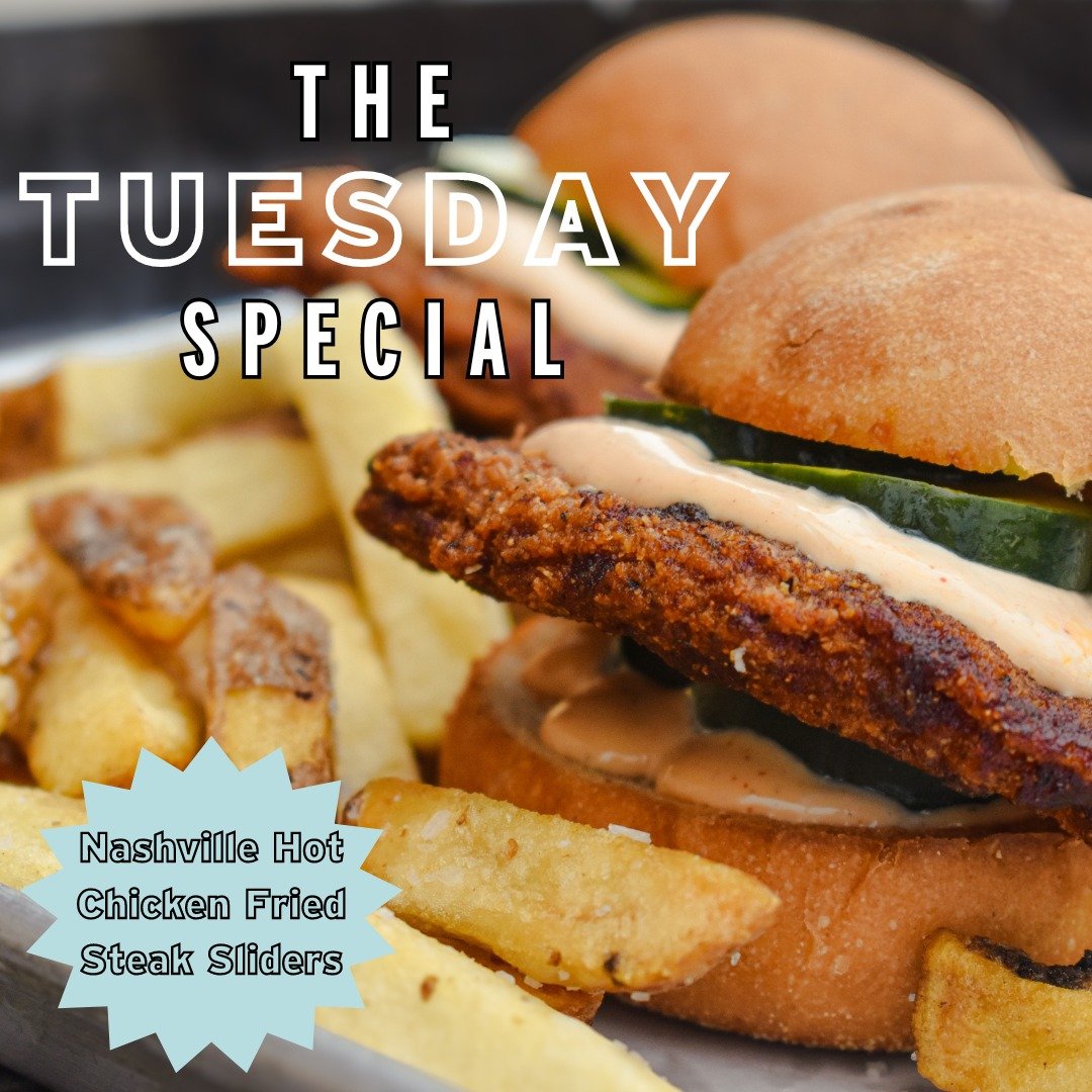 Tuesday Special: Nashville Hot Chicken Fried Steak Sliders 🔥💥

Two chicken-fried steak sliders, coated in Nashville hot sauce, served on brioche rolls with creamy buffalo and pickles. Served with crispy Belgian frites and our signature GT sauce.