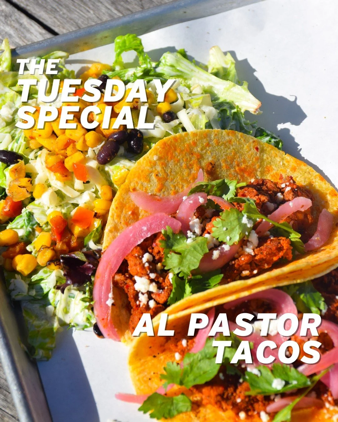 It actually is Taco Tuesday this time. 🌮🔥
This week's special has pork al pastor tucked into corn-flour hybrid tortillas, topped with queso fresco, pickled red onions, and fresh cilantro. Served with a southwest ranch side salad to tie it all toge