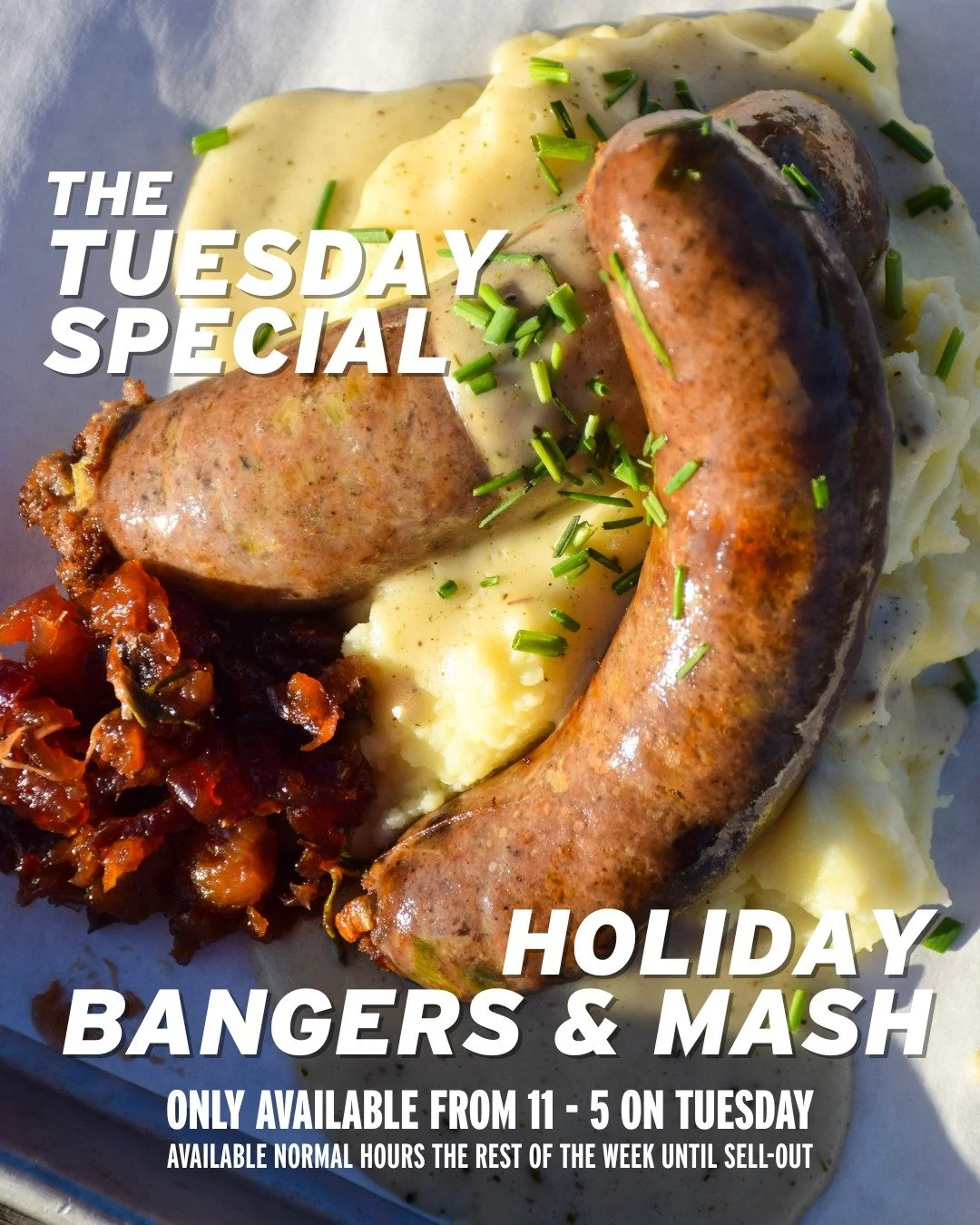 A holiday twist on a GT favorite. 🍂

Our Holiday Bangers &amp; Mash brings two turkey&ndash;bacon&ndash;leek&ndash;cranberry bangers served over mashed potatoes with rich gravy and a bright cranberry apricot chutney. It&rsquo;s comforting, seasonal,