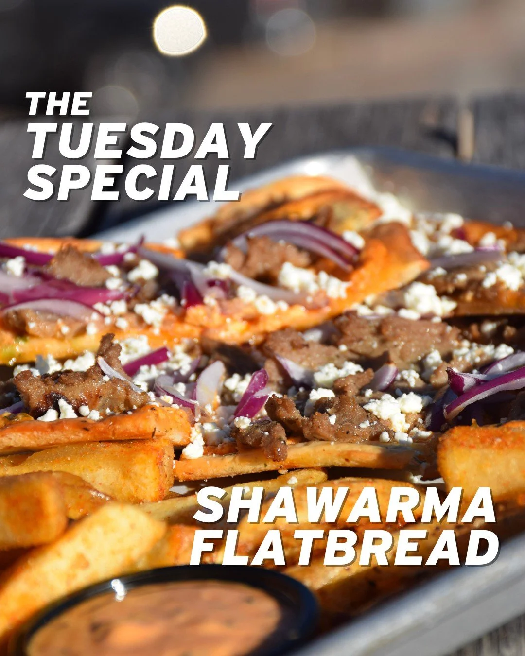 A special built for flavor seekers.

This week&rsquo;s Shawarma Flatbread layers thinly sliced beef and lamb shawarma on a crispy flatbread with a tomato&ndash;herb feta spread, thin red onion, and crumbled feta. Served with GT seasoned fries and our