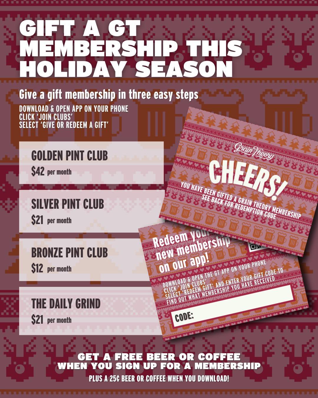 🎁 Looking for a Christmas gift that actually gets used?
Gift a Grain Theory membership this holiday season!

From free beers and coffee to exclusive perks, Pint Club memberships are an easy win for the GT lovers in your life. You can gift one month,