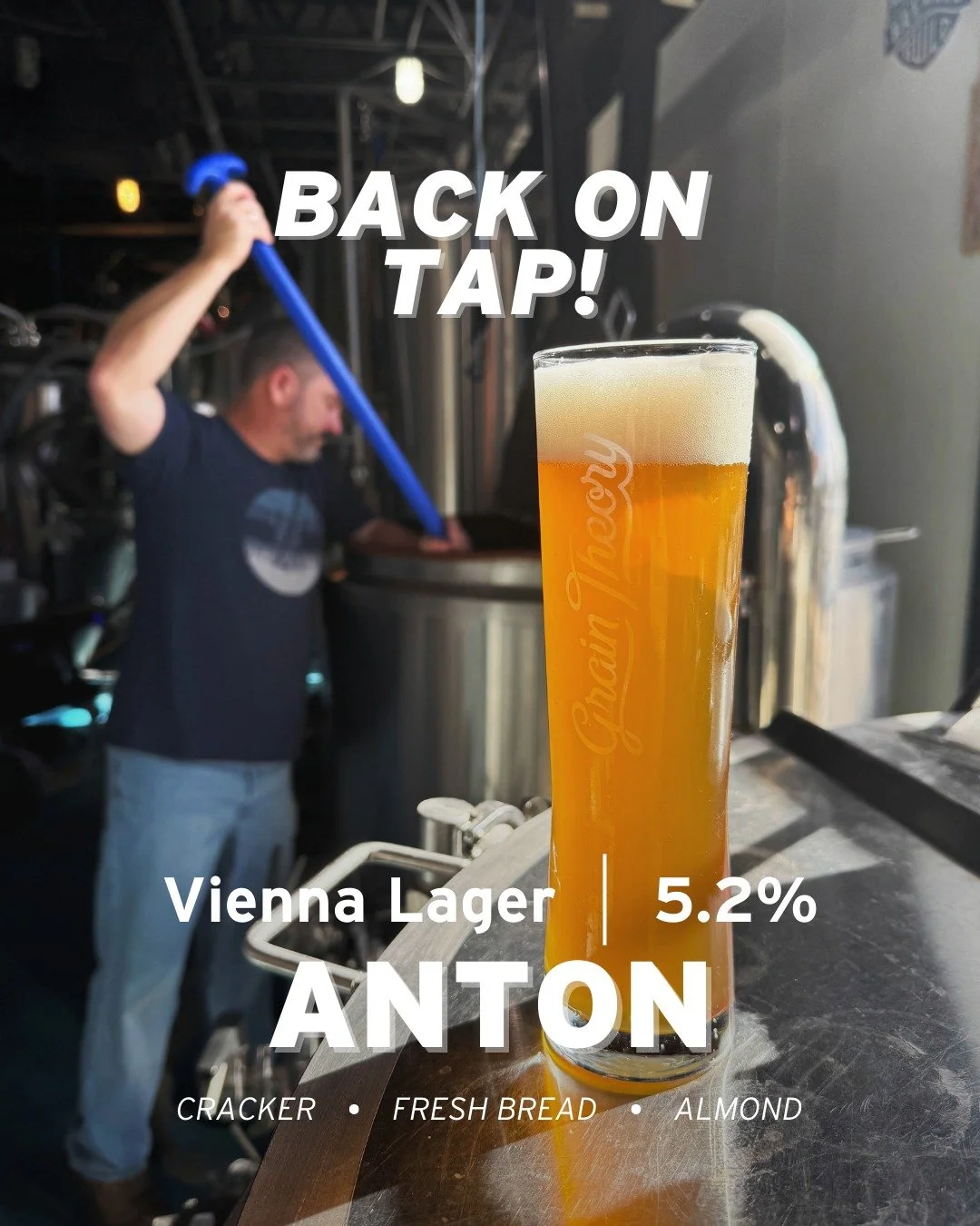 A familiar favorite is back on tap at Grain Theory! 🍻

🍺 Anton &ndash; Vienna Lager (5.2% | 30 IBU) 🍺
Fresh Bread | Cracker | Almond

Light, crushable, and just a little more interesting than your typical light lager. Anton is built on German Vien