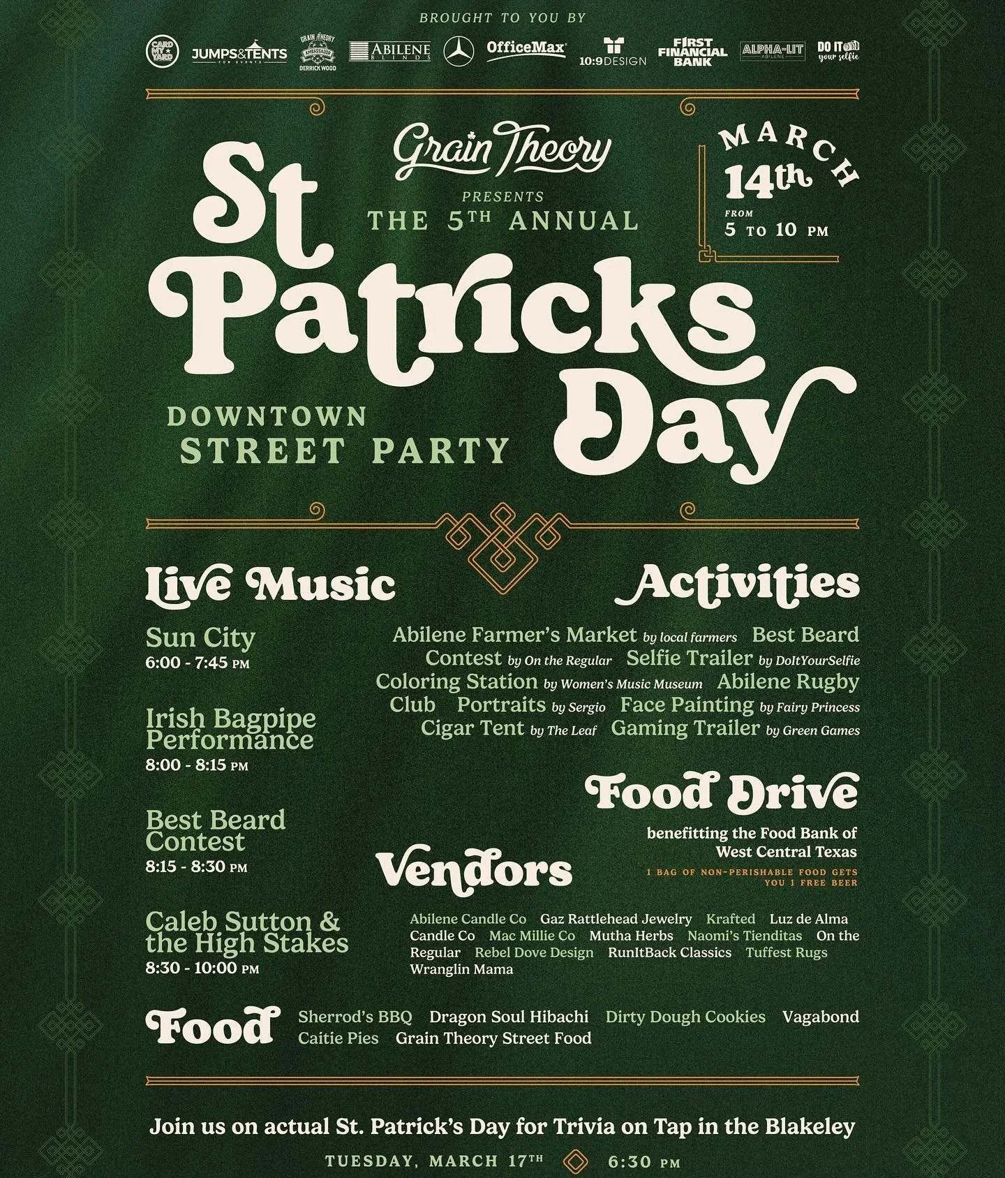 ☘️The official street party lineup has landed and we&rsquo;ve been keeping it a secret way too long! Here&rsquo;s everything that&rsquo;s going on ⬇️

FOOD DRIVE benefitting @foodbankwct 
For every bag of non-perishable items you bring to the FBWCT b