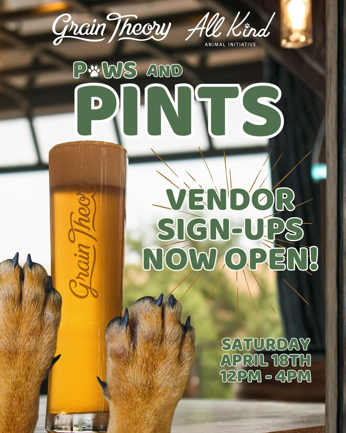 LINK IN GRAIN THEORY BIO TO SIGN UP! (More info⬇️

🍻Join Grain Theory &amp; All Kind Animal Intiative on Saturday April 18th from 12pm - 4pm in the parking lot of the animal shelter for a fun Saturday afternoon fit for you and your 4 legged plus one