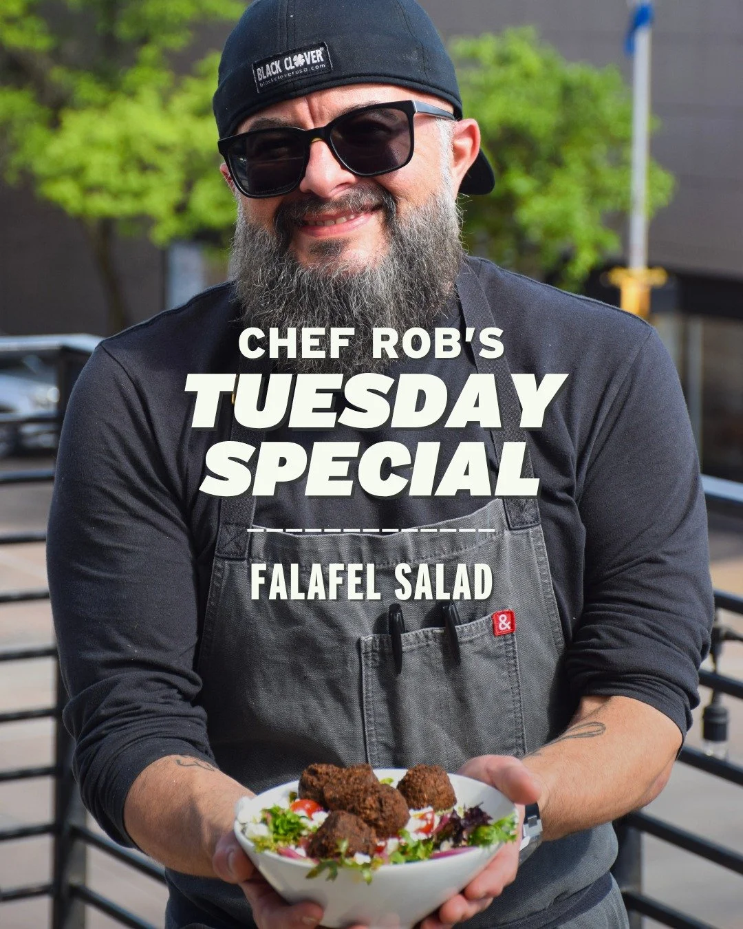 Our last special, the Texa-Fornia burrito, kept us full all week, so this time we're balancing that out with something a bit lighter. This Tuesday's special puts crispy falafel over a salad with harissa ranch that pulls everything together, plus pick