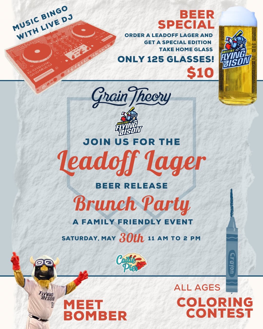 New beer Friday with a (Saturday) TWIST 🍻🦬🪽 Join the fun on May 30th for special edition @abileneflyingbison glasses, free to play music bingo, an all ages coloring contest, meet &amp; greet with Bomber the mascot, and some sweet treats from @cait