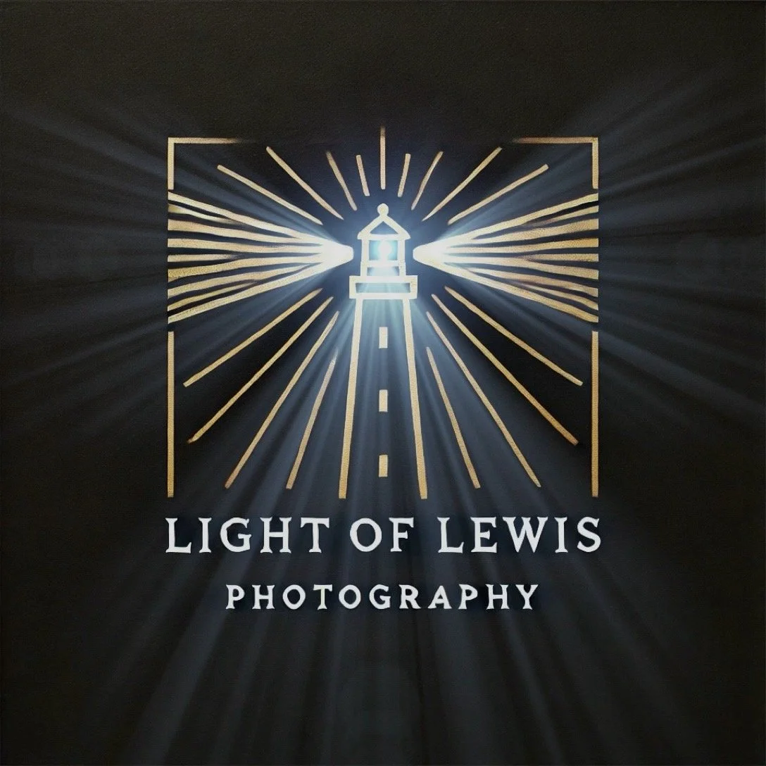 Design with a lighthouse emitting rays of light, framed by a square, and the text "Light of Lewis Photography" below.
