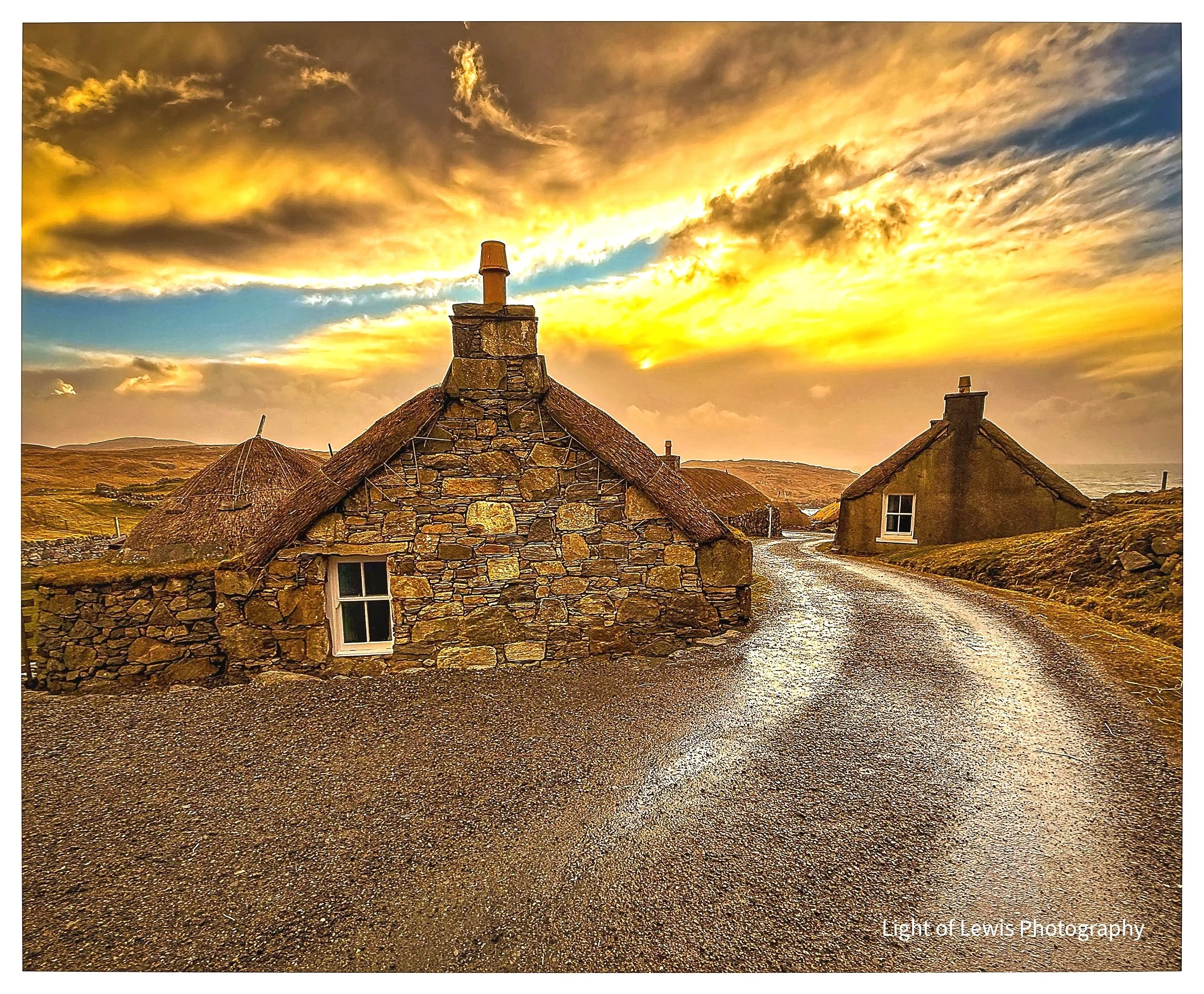 Sunset at Gearrannan Blackhouses 