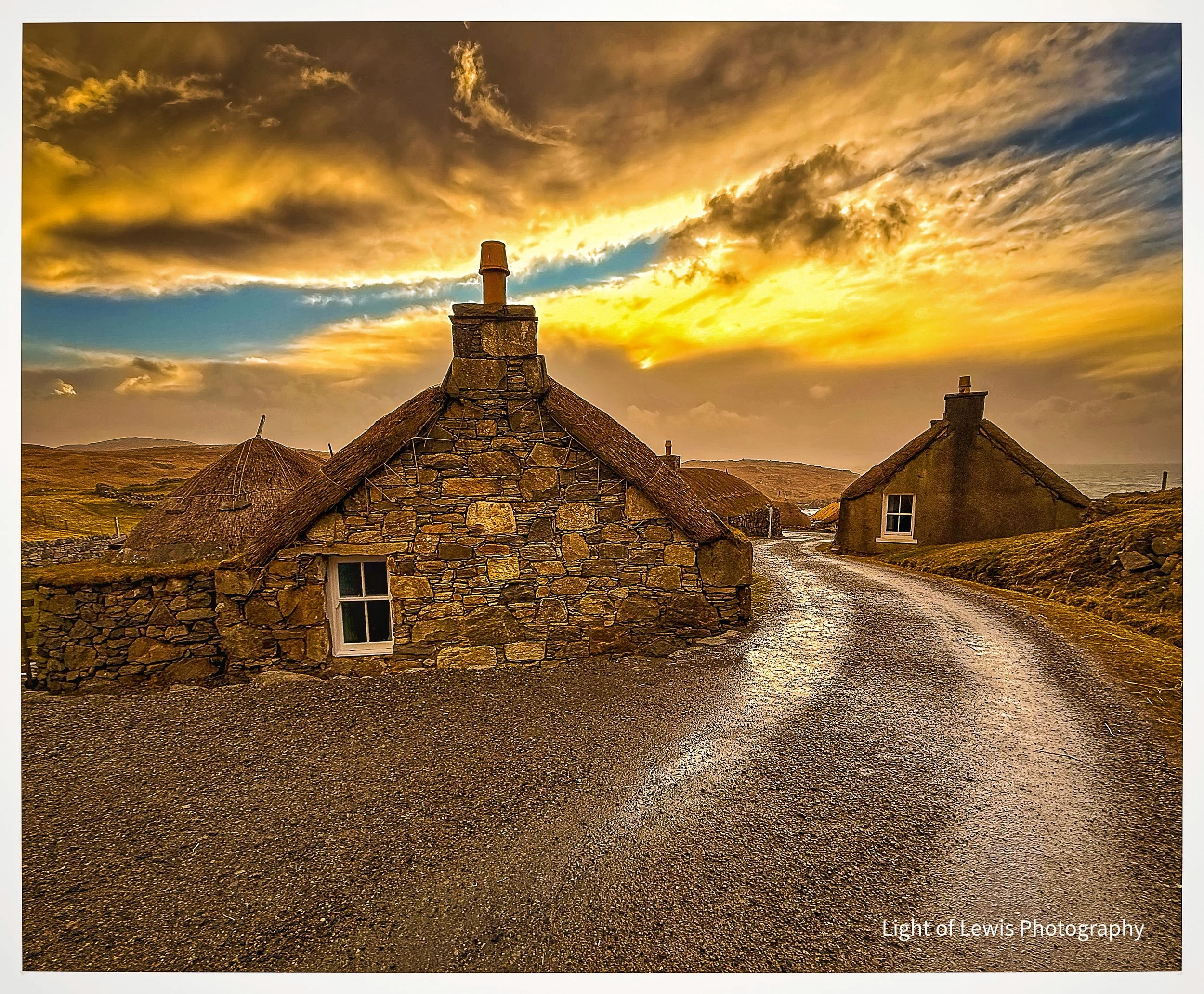 Sunset at Gearrannan Blackhouses 