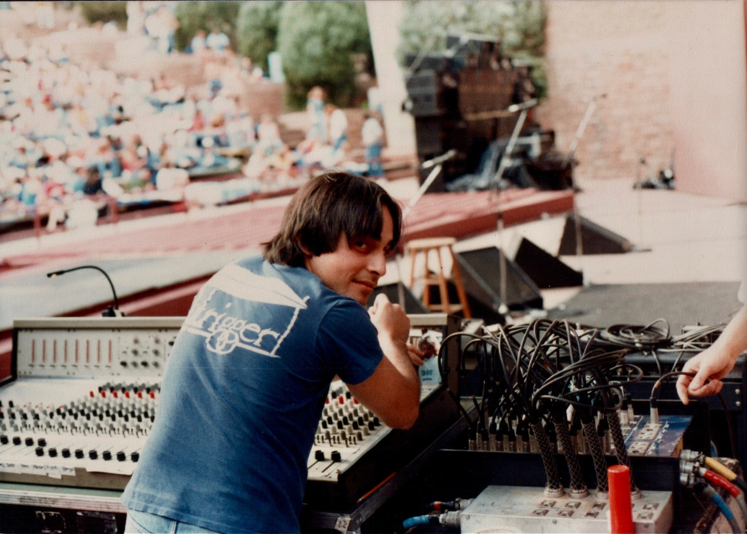 Steve Nider mixing monitors on a Ashly parametric console with custom stage-boxes built by Silverfish Audio.