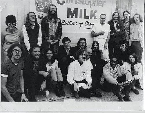 1968 Family Dog/Avalon Ballroom staff, Lee Brenkman on the right in the second row, cowboy hat and glasses.