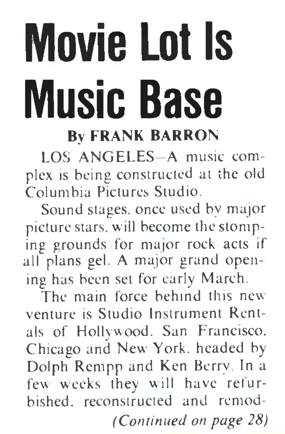 Frank Barron's "Movie Lot Is Music Base," Billboard, February 14, 1976