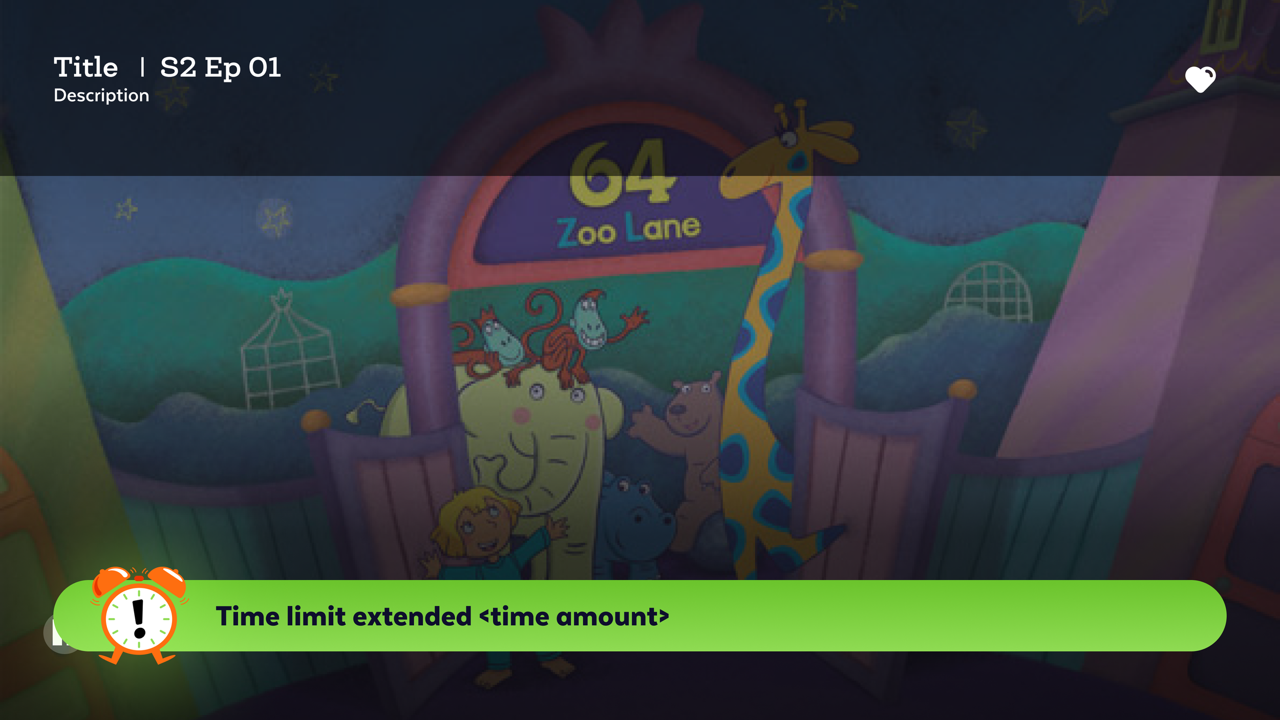 A colorful cartoon entrance to Zoo Lane, with characters including a giraffe, a lion, a hippopotamus, a monkey, and children, and a sign with the number 64. There is a green notification bar at the bottom with an alarm clock icon and the message 'Tim