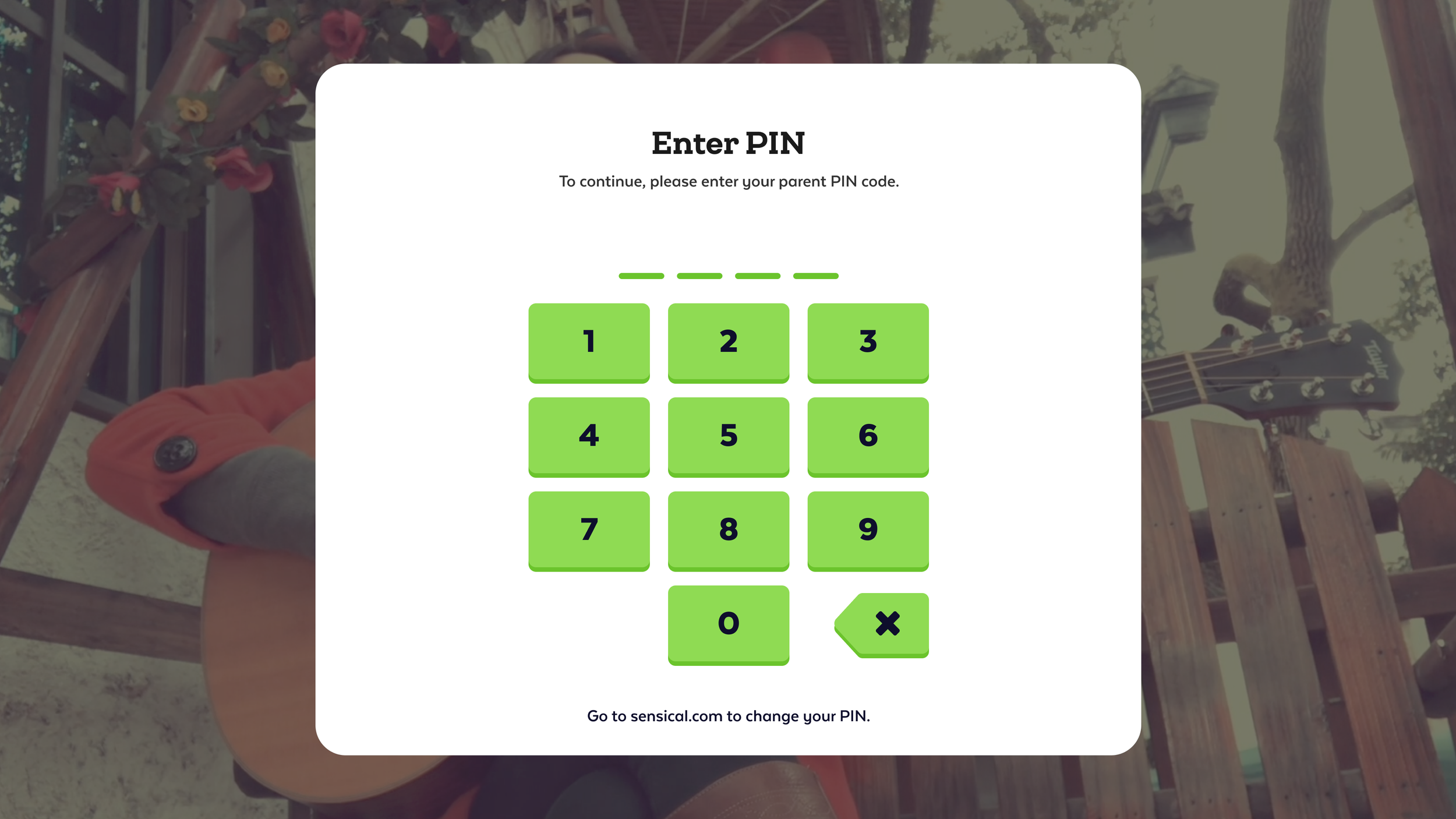 Screen showing a PIN entry keypad for adults with numbers 1-0 and a backspace arrow, over a background of a person sitting at an outdoor table with a guitar and wooden chairs.