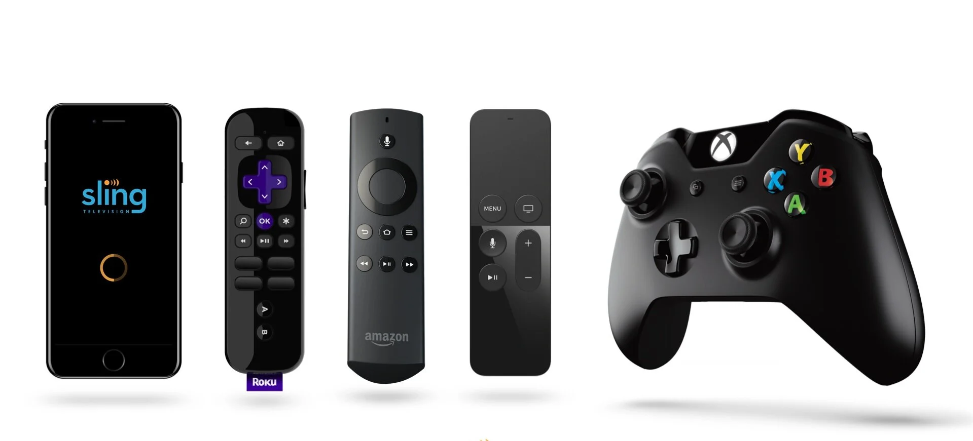 Collection of electronic devices including a smartphone with Sling TV app, a Roku remote, an Amazon Fire TV remote, a basic streaming remote, and a black Xbox gaming controller.