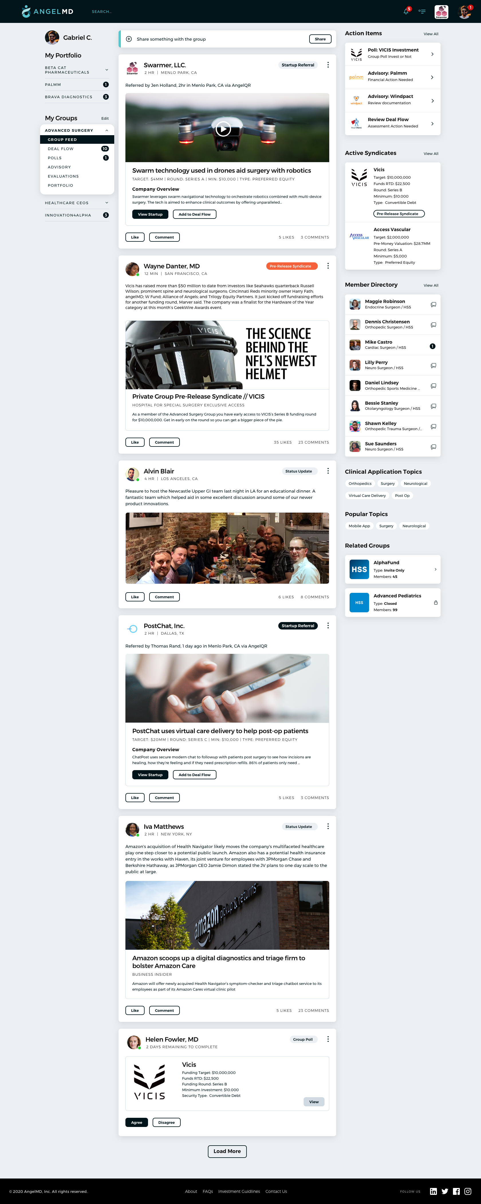 Screenshot of AngelMD platform homepage with posts about healthcare technology, investments, and industry updates, including videos, images, and user profiles.