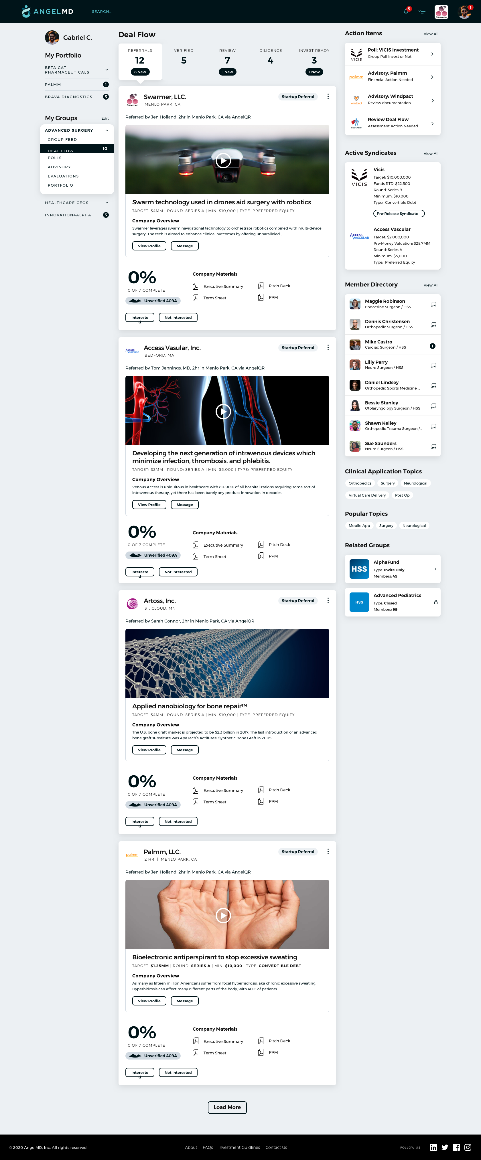 The screenshot shows a digital interface for AngelMD with a portfolio of medical and technological companies. It features sections like Deal Flow, Active Syndicates, Member Directory, and Related Groups, displaying information about different compani