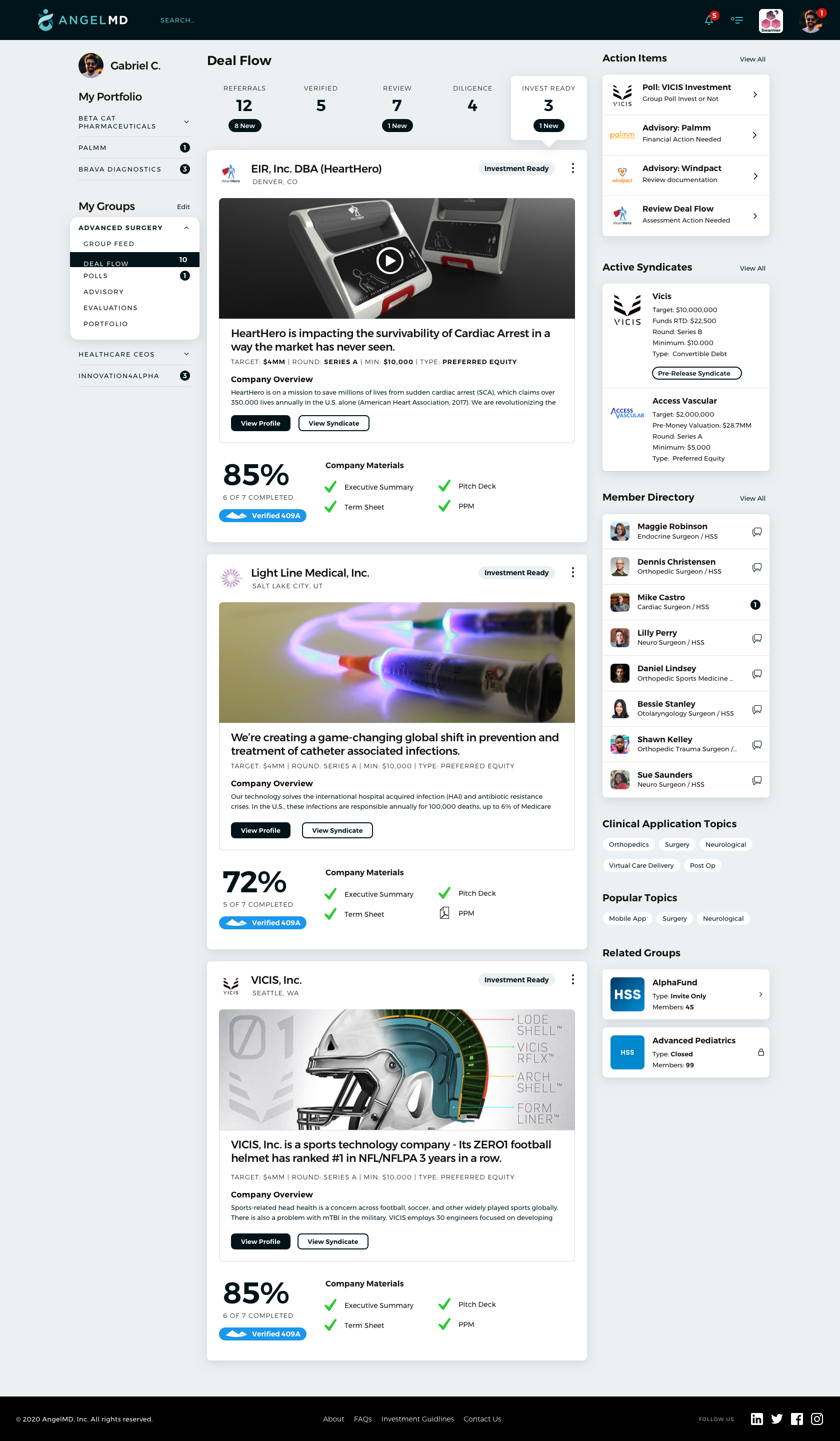 Screenshot of a professional investment platform dashboard displaying deal flow for medical and technology companies, including profiles, percentages, and syndicate information.