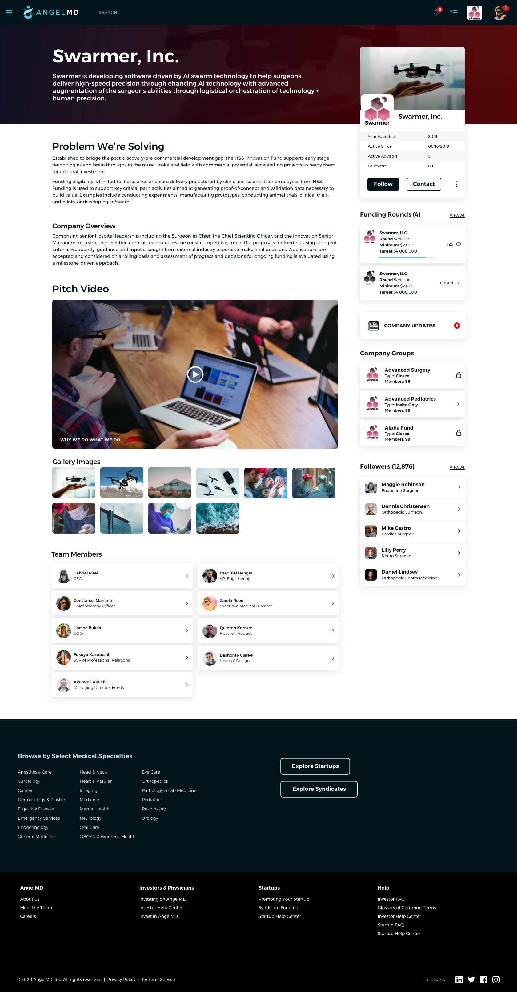 Screenshot of the AngelMD webpage featuring Swarner, Inc., a medical technology company. Includes company overview, pitch video, gallery images of drones and technological devices, team members, funding rounds, and follower counts.