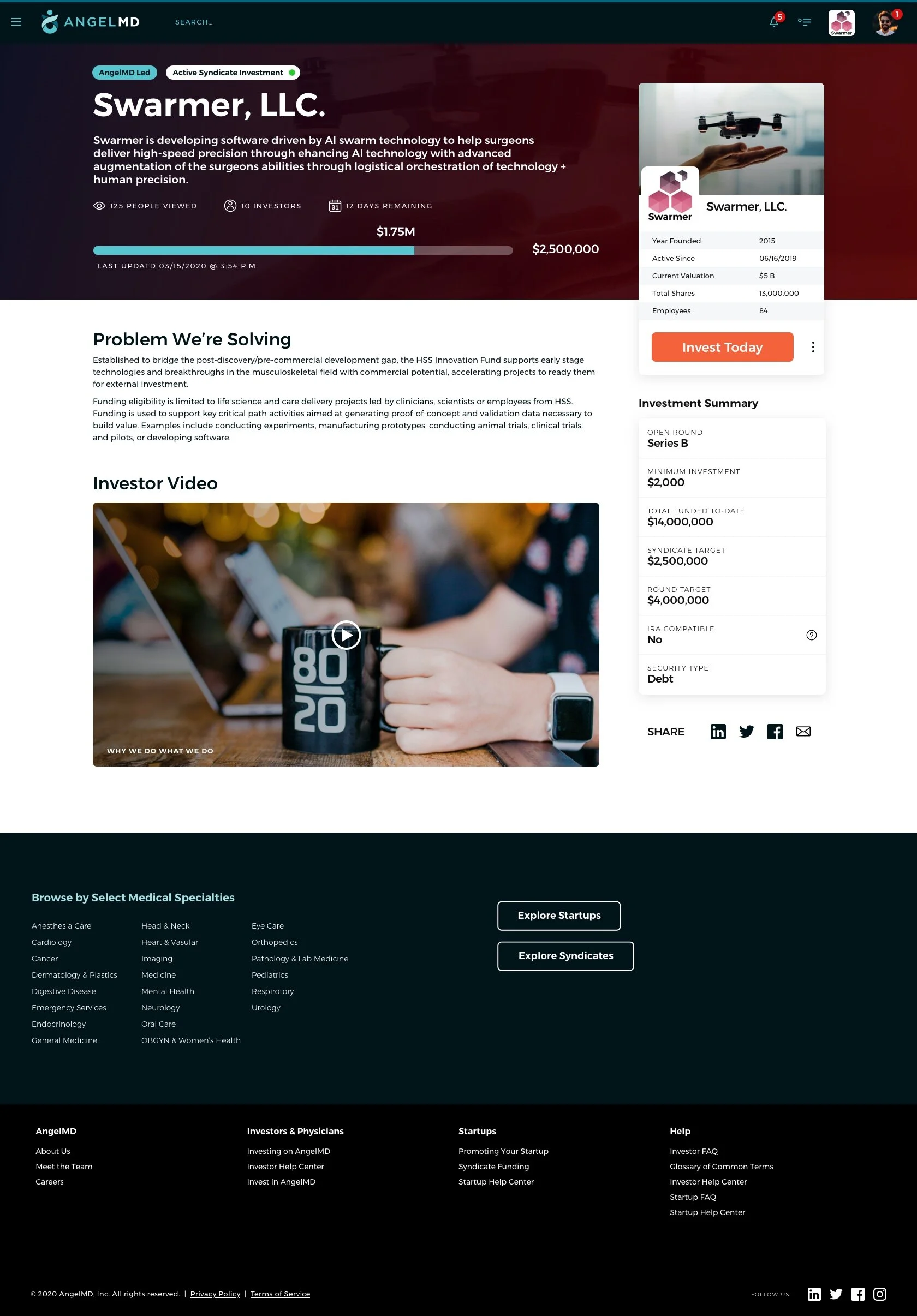 AngelMD crowdfunding webpage for Swarm, LLC, featuring company info, investment details, and a video thumbnail of a person holding a cup with the text "80 20"