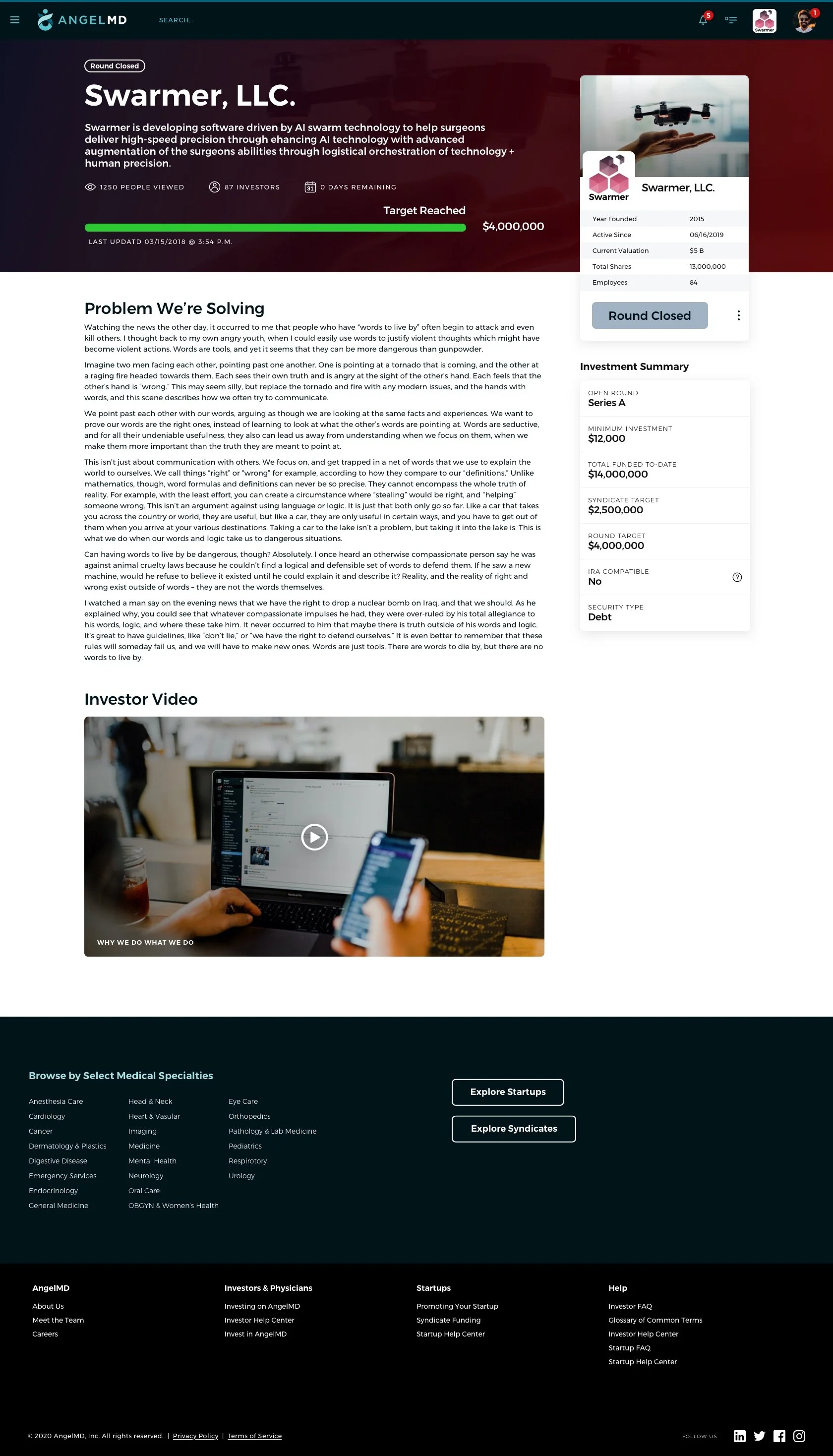 Screenshot of AngelMD investment webpage featuring Swarner, LLC, a company developing AI-driven surgical software with a progress bar showing the target reached of $4,000,000.
