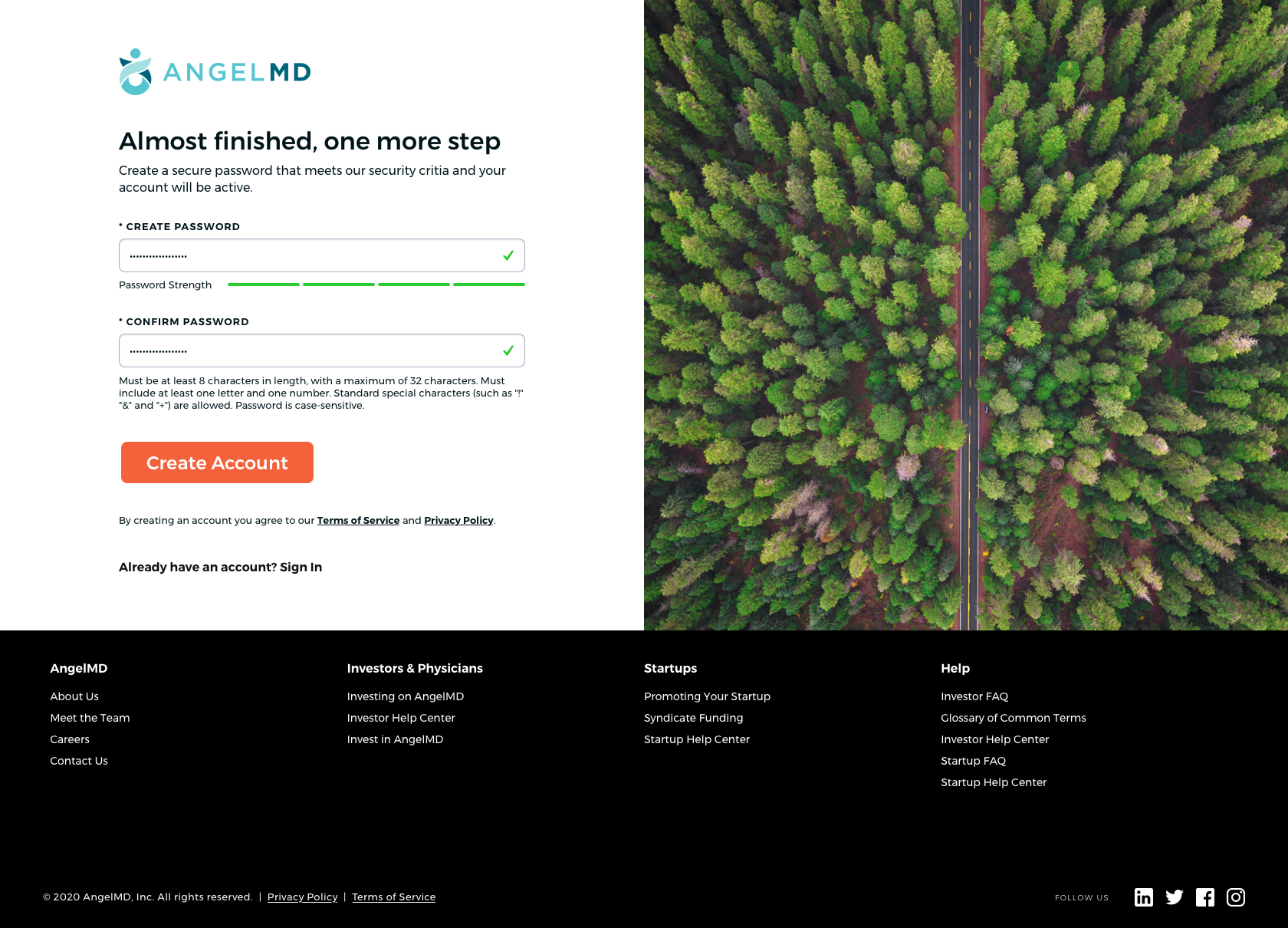 An online account registration page for AngelMD on the left side, with fields to create and confirm a password, a large orange 'Create Account' button, and legal links, alongside an aerial view of a tree-lined road in a forest on the right side.