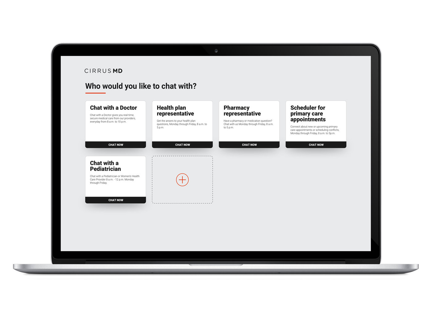 Laptop screen displaying a telehealth platform with options to chat with a doctor, health plan, pharmacy, pediatrician, or schedule appointments, with a plus icon for adding additional options.