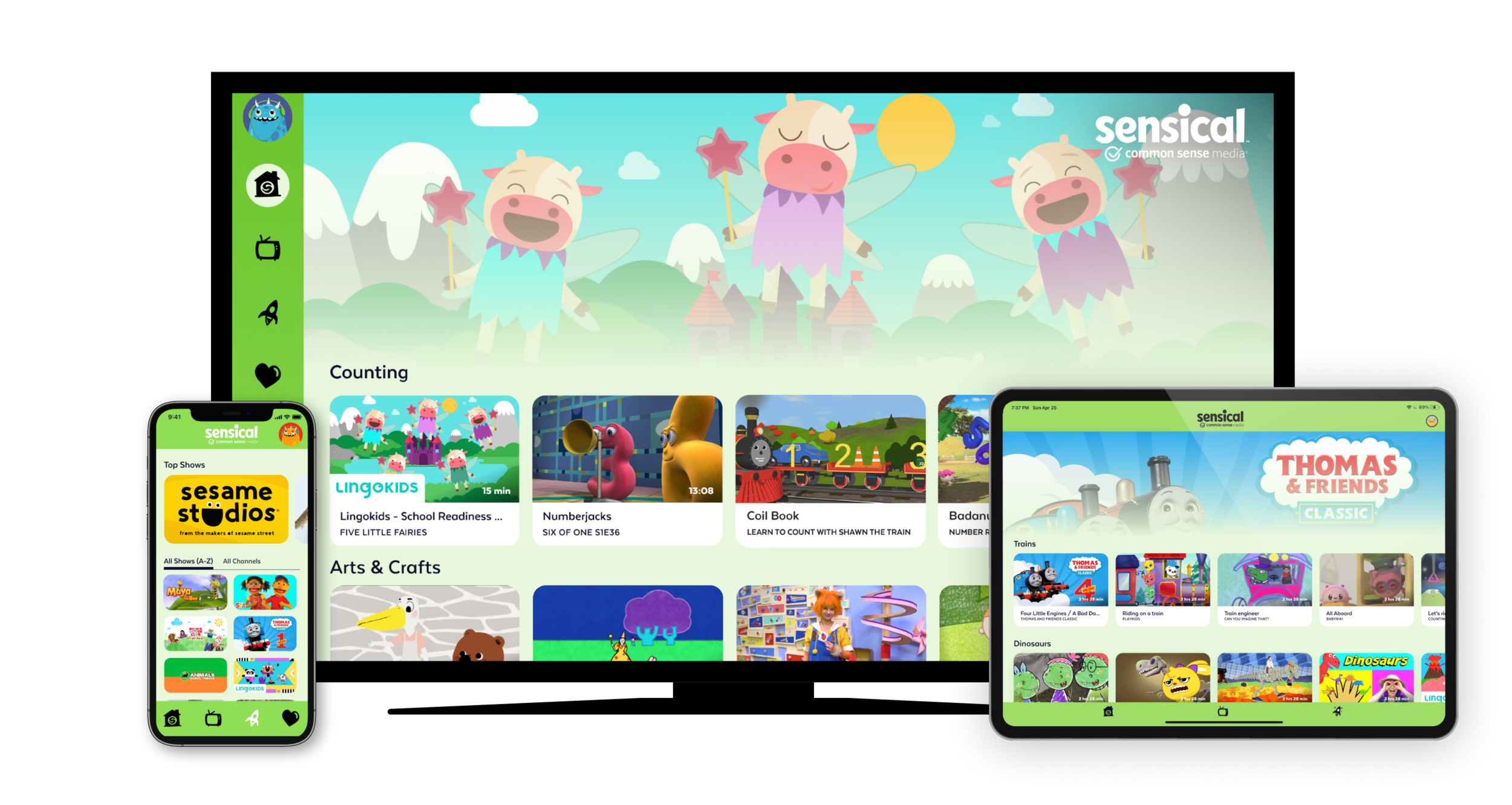 Digital devices showing children's educational videos from Sensical platform, including Sesame Street and Thomas & Friends.