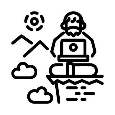 Line drawing of a person sitting cross-legged on a surfboard on water, using a laptop, with the sun, mountains, and clouds in the background.