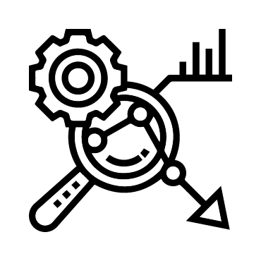 Gear, magnifying glass, and bar chart icons representing analysis and optimization.