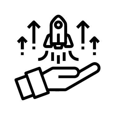 Line drawing of a hand holding a rocket with upward arrows indicating launch or growth.