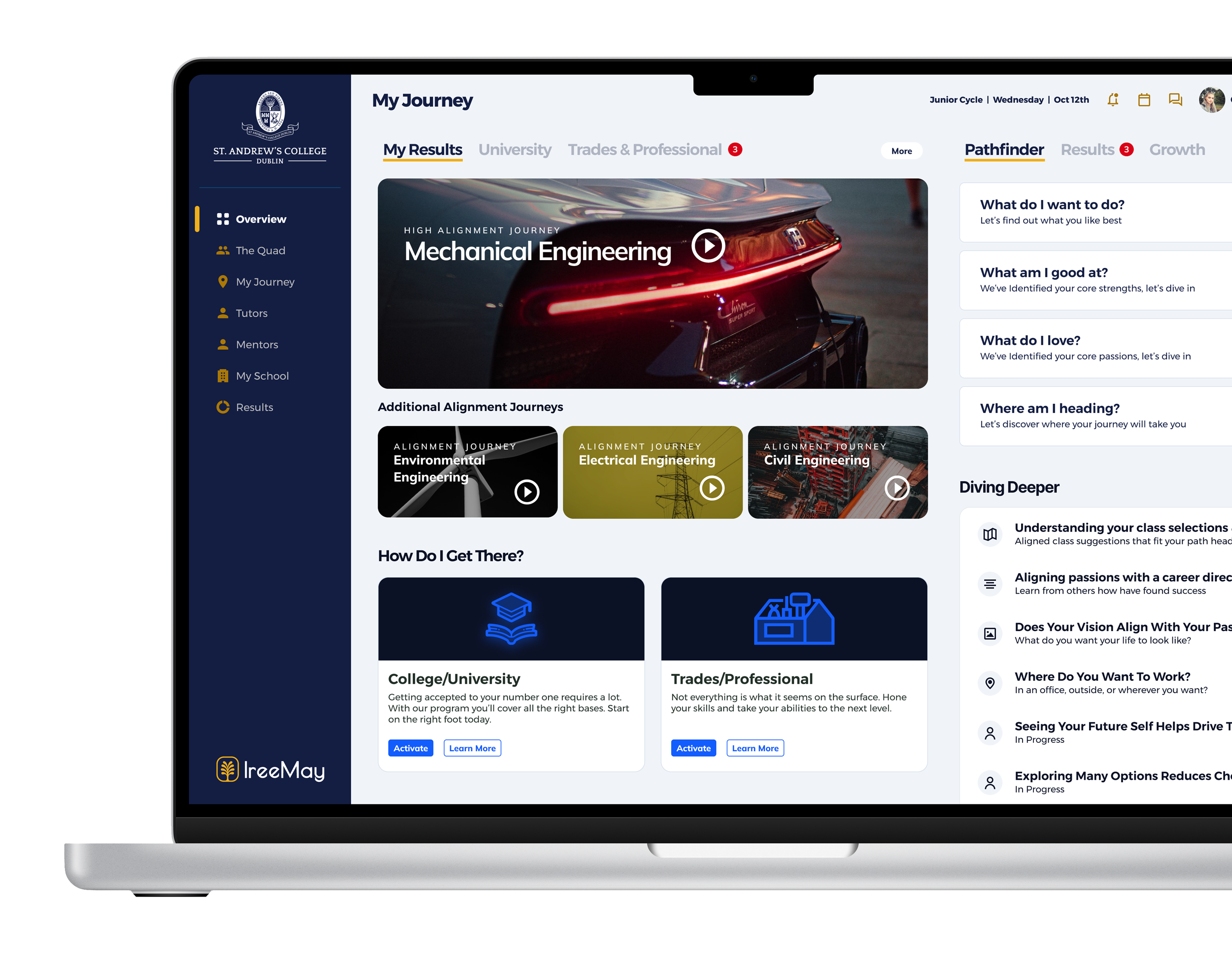 Laptop screen displaying an academic program dashboard with sections for different engineering majors and career guidance resources, featuring a navigation menu on the left and a logo for St. Andrew's College Dublin.