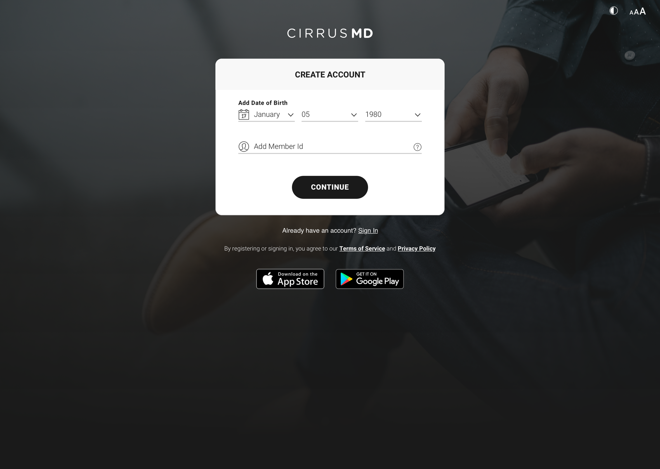 Online medical platform registration page with a form to add birth date and member ID, and download app options for App Store and Google Play.