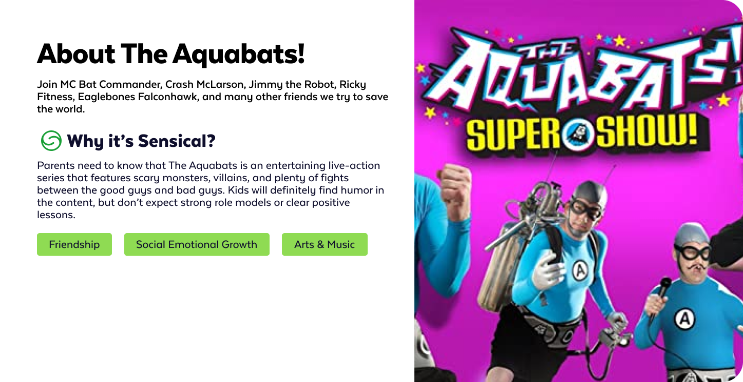 Promotional flyer for The Aquabats Super Show featuring characters in blue costumes, with the show title and colorful background.