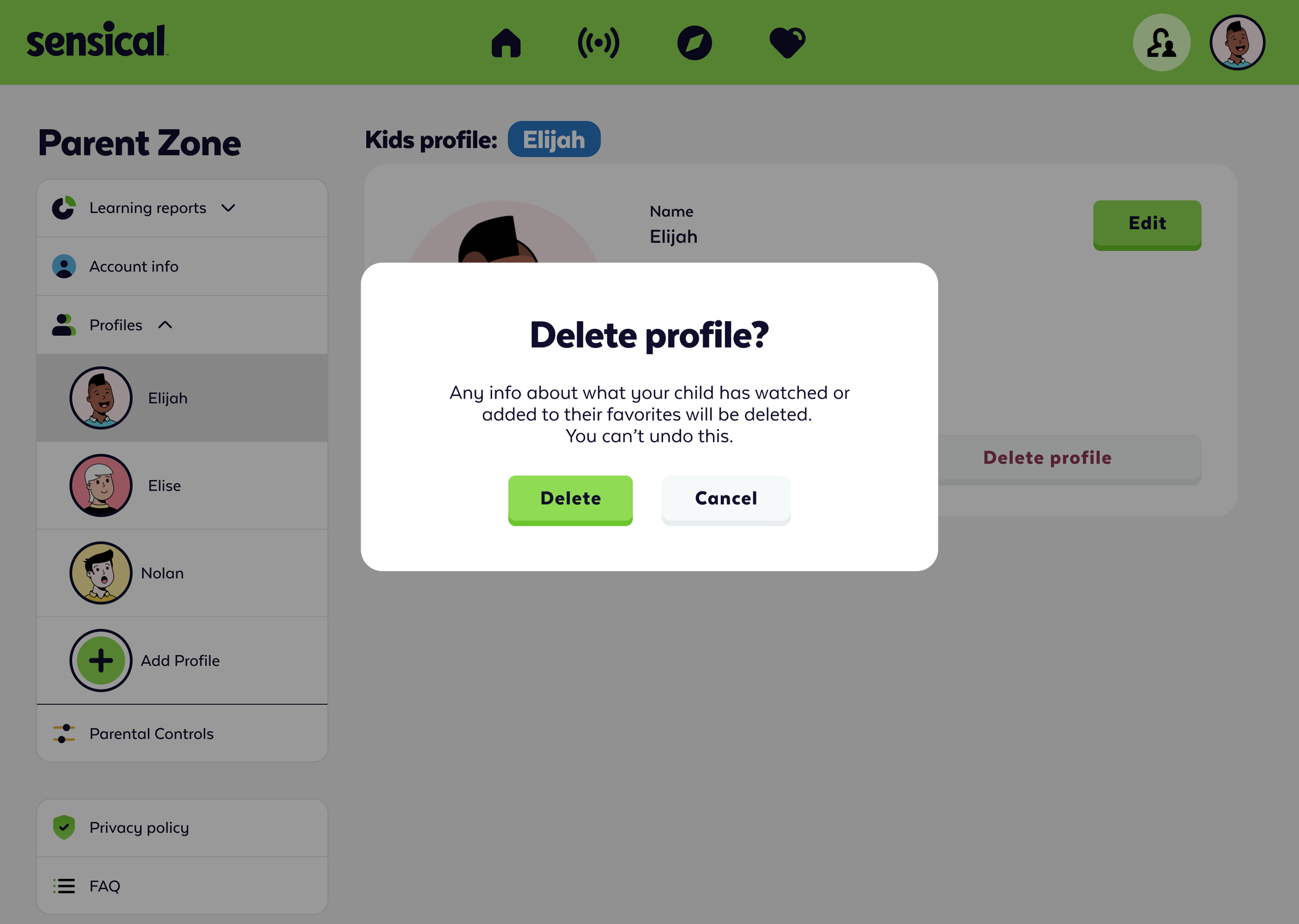 Online dashboard for a child's profile management, displaying a confirmation popup for deleting the profile named Elijah, with options to delete or cancel.