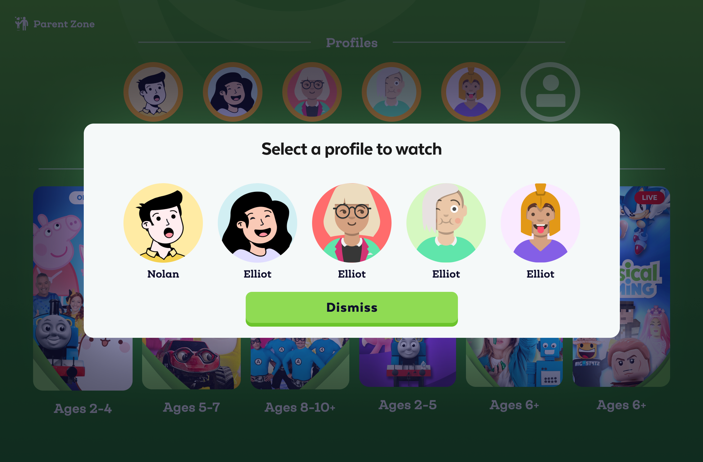 Interactive screen with profile options featuring animated cartoon characters labeled Nolan and Elliot, with a green "Dismiss" button.