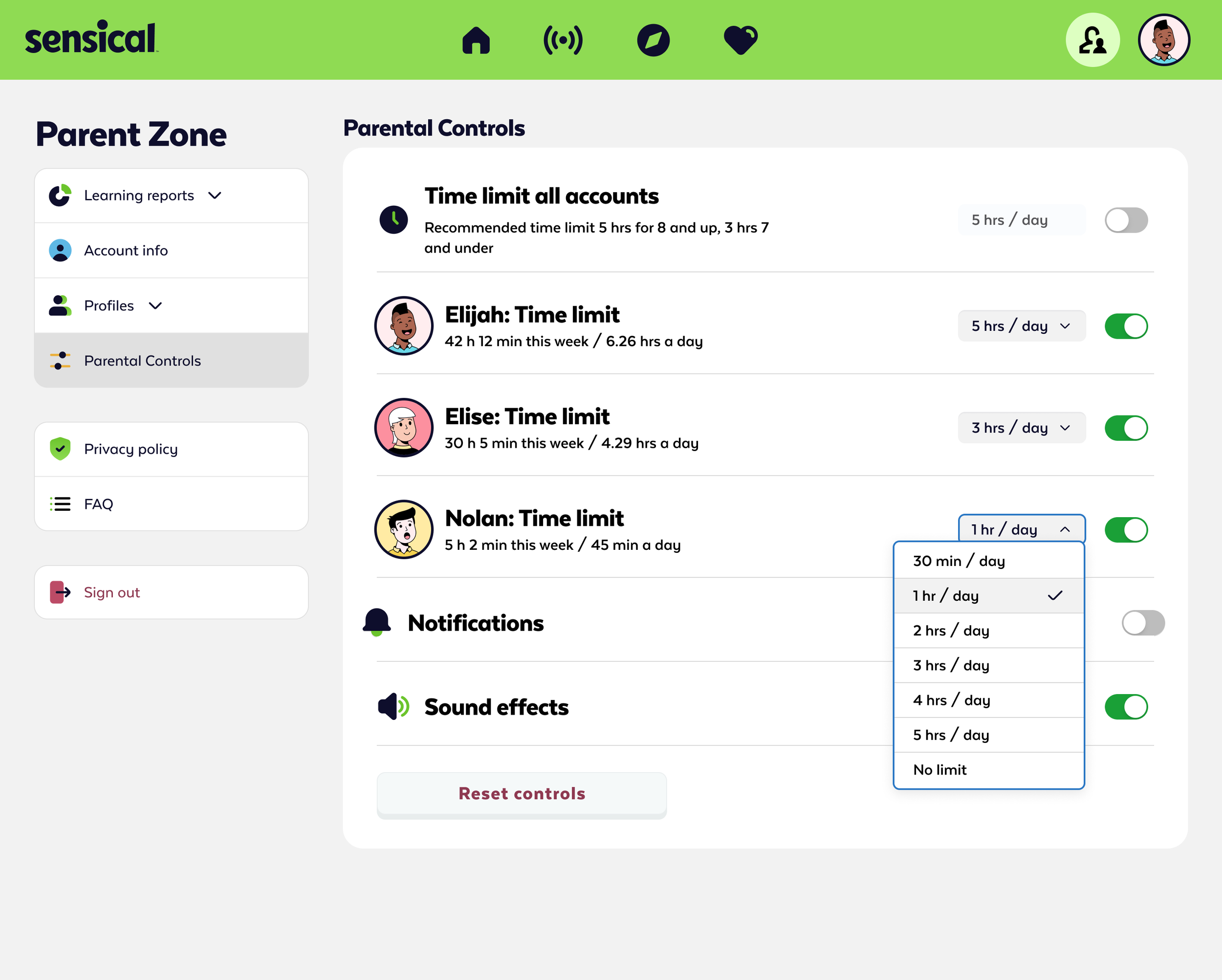 Screenshot of a parental control settings page for a device or app called 'sensical,' showing options to limit children's screen time and customize notifications and sound effects.