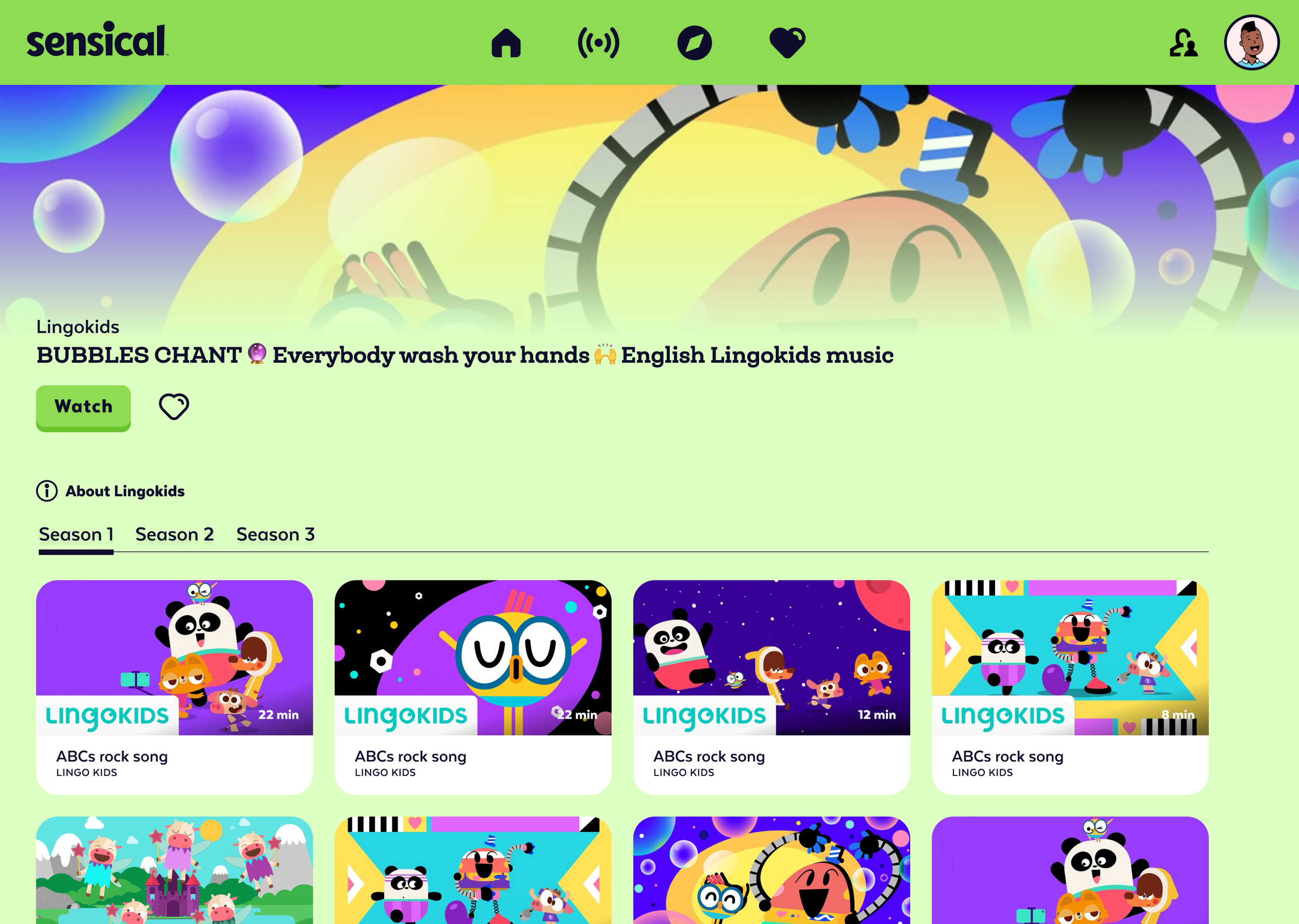 Screenshot of a children's educational platform with a bright green header and colorful images of animated characters, mainly pandas, involved in various activities. The page features a show titled 'BUBBLES CHANT' with a subtitle about hand washing, 
