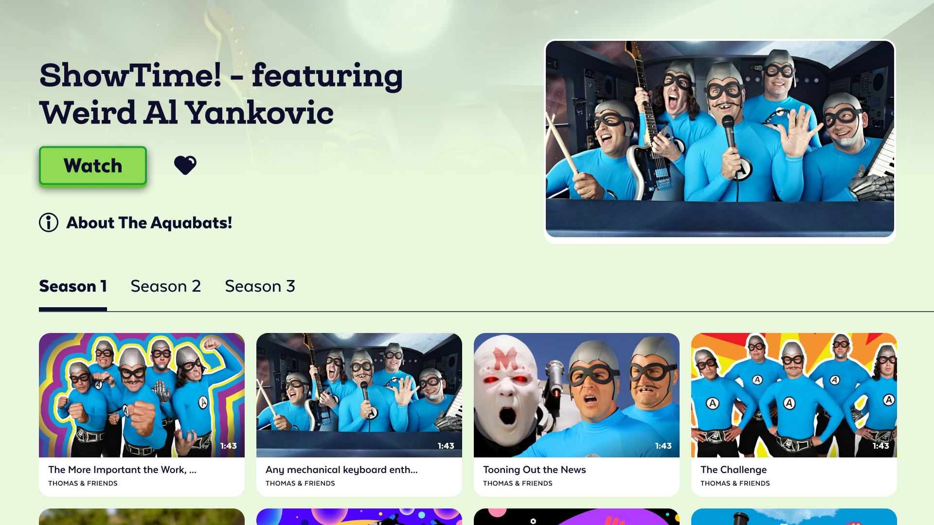 A promotional image of the cast of The Aquabats dressed as superheroes, posing in costumes with blue outfits, helmets, and accessories.