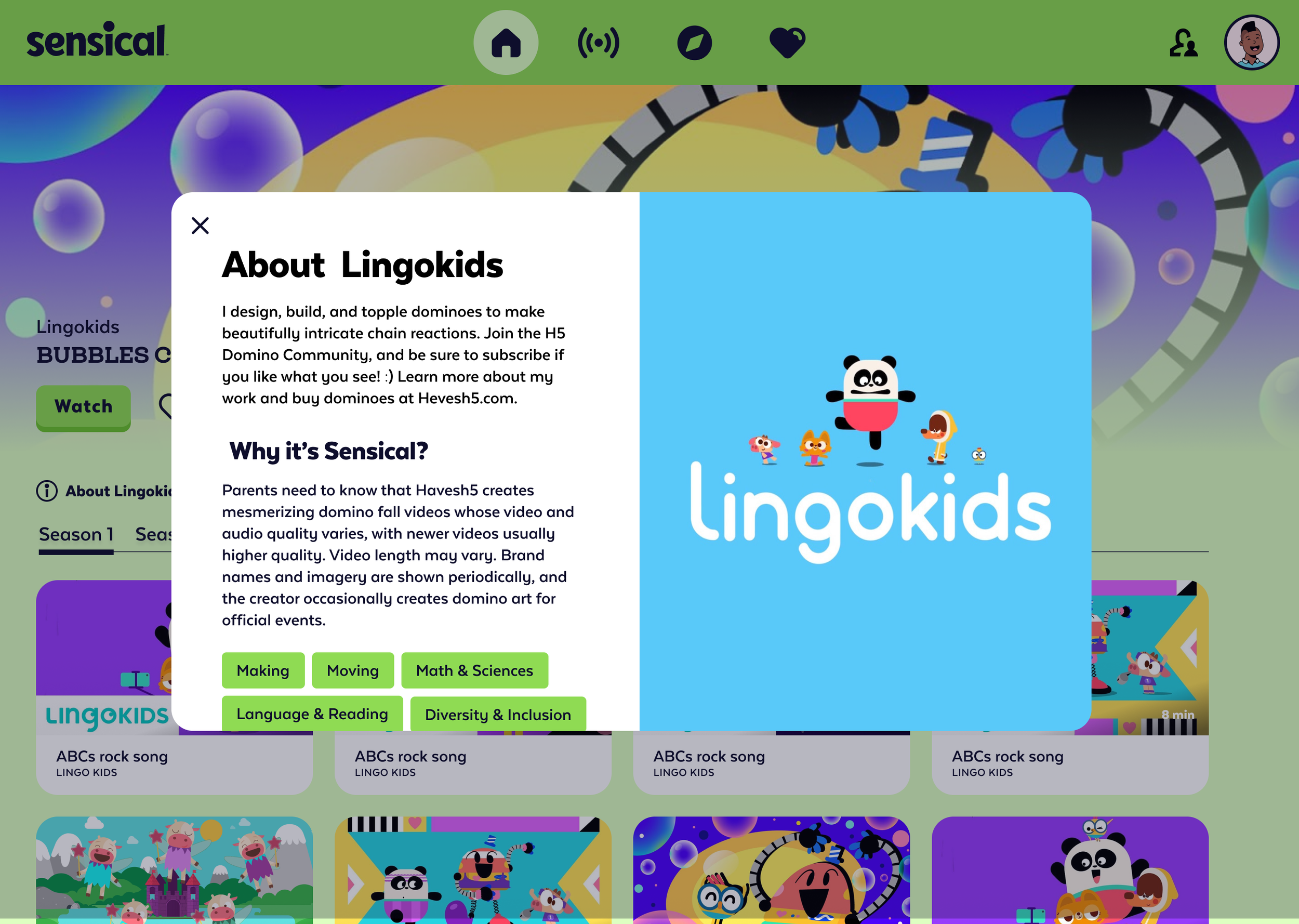 Screenshot of a webpage about Lingokids, featuring their logo with animated characters, a pop-up window describing the company, and green navigation buttons labeled Making, Moving, Math & Sciences, Language & Reading, and Diversity & Inclusion.