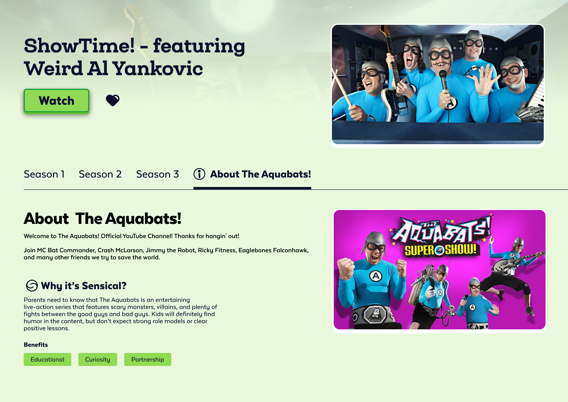 Screenshot of a webpage about the YouTube series 'The Aquabats!' featuring a green 'Watch' button and images of the band members dressed as superheroes and musicians.