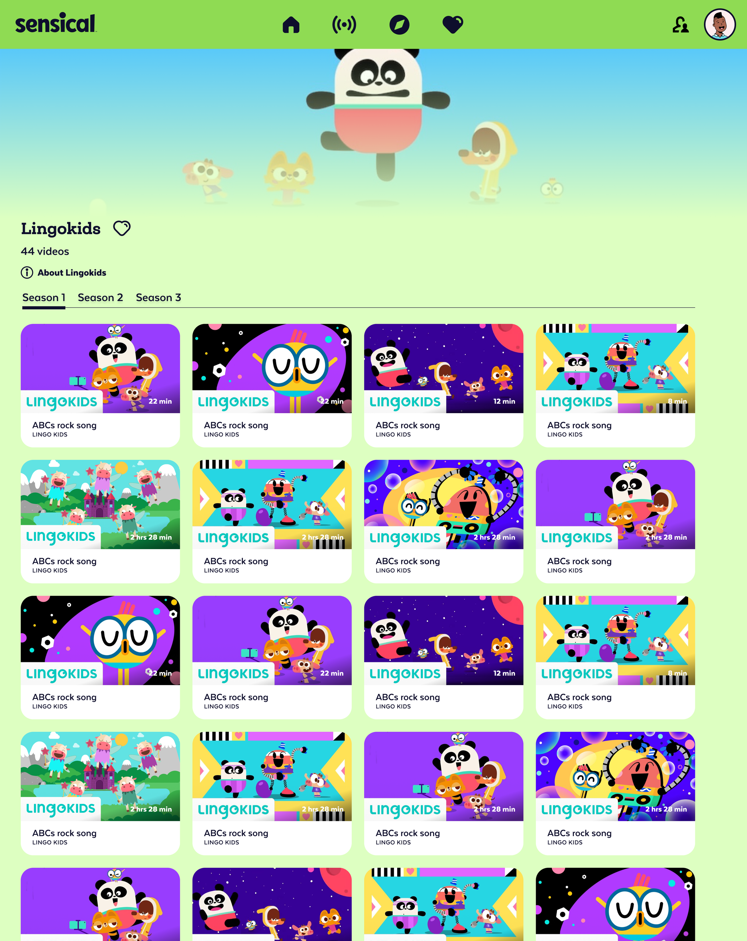 Screenshot of a children’s streaming platform featuring videos of the animated series 'Lingokids' with colorful, cartoon characters, mainly pandas and animals, in various playful scenes and titles.