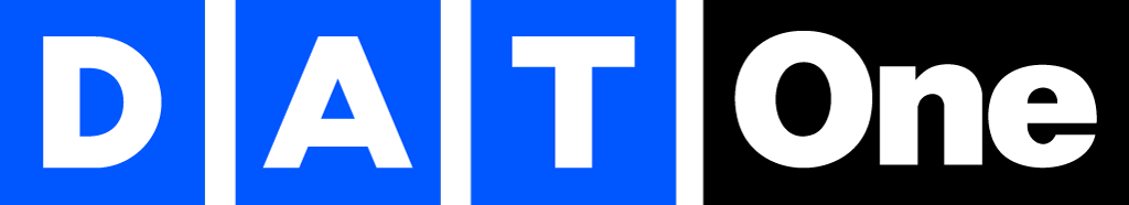 Logo with the text 'D A T One', each letter inside a blue square, on a black background.