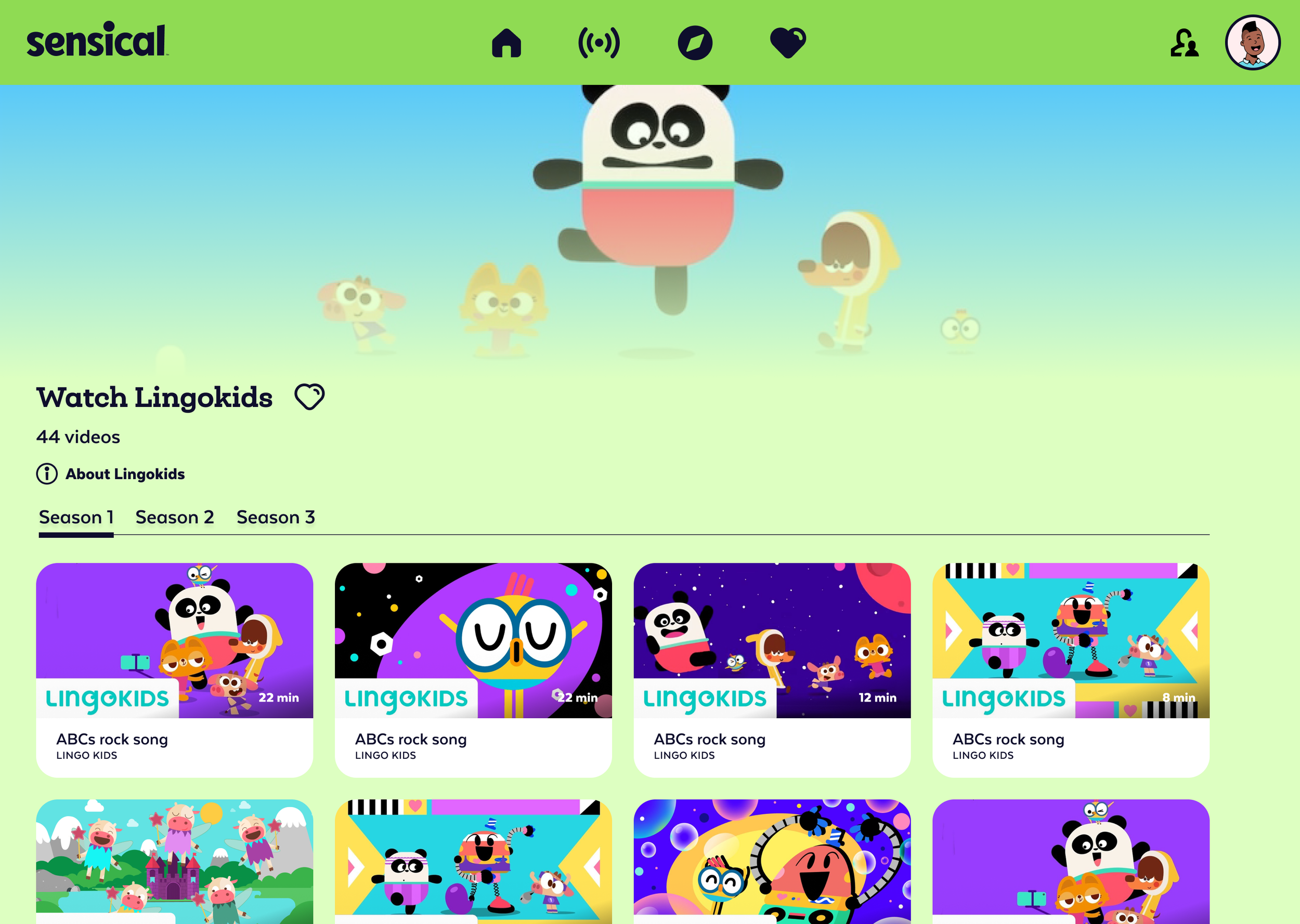 Screenshot of a children's streaming platform featuring Lingokids content with cartoon characters and colorful backgrounds.