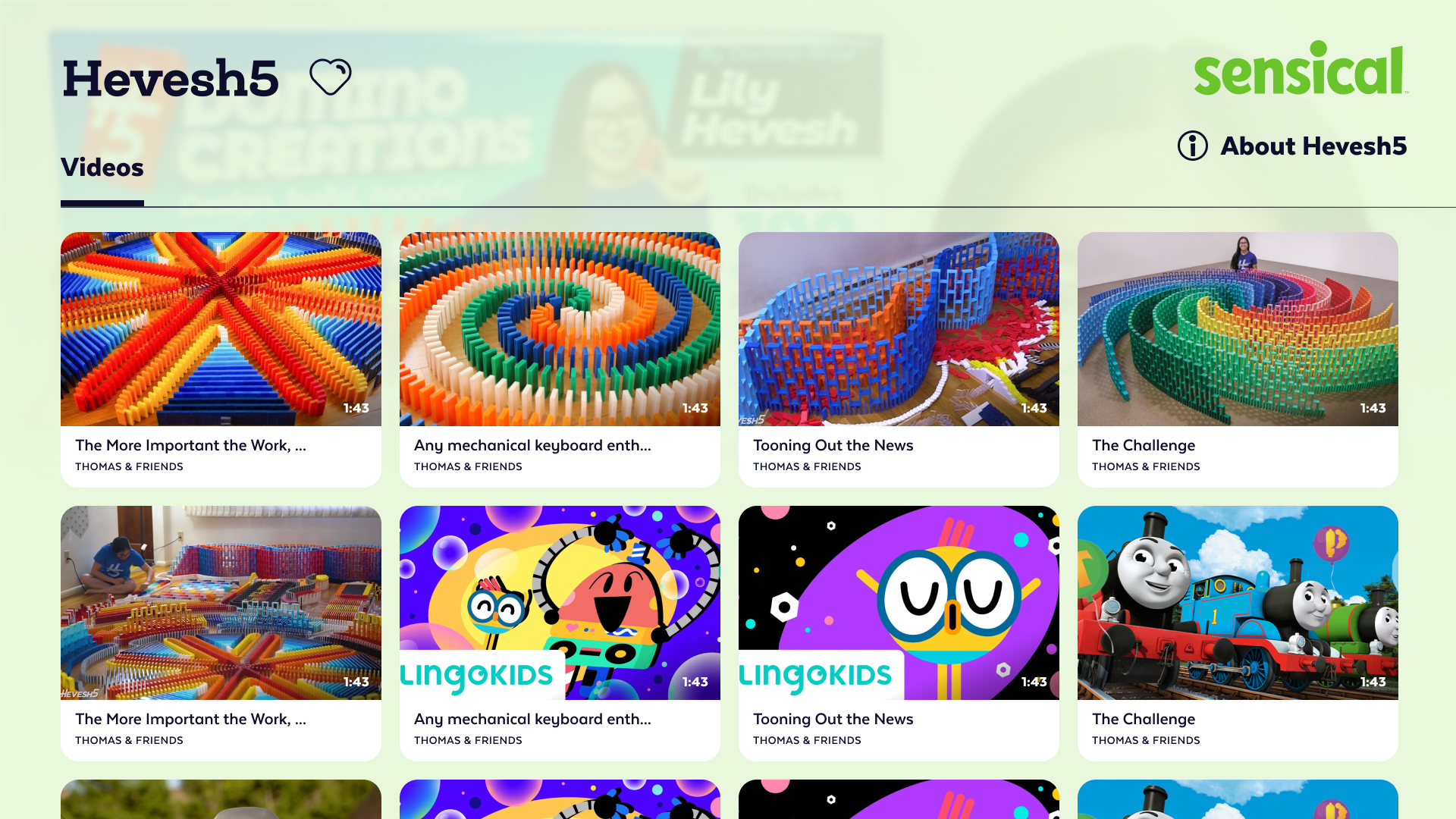Screenshot of the Hevesh5 YouTube channel page featuring videos of colorful domino toppling and children’s animated TV shows.