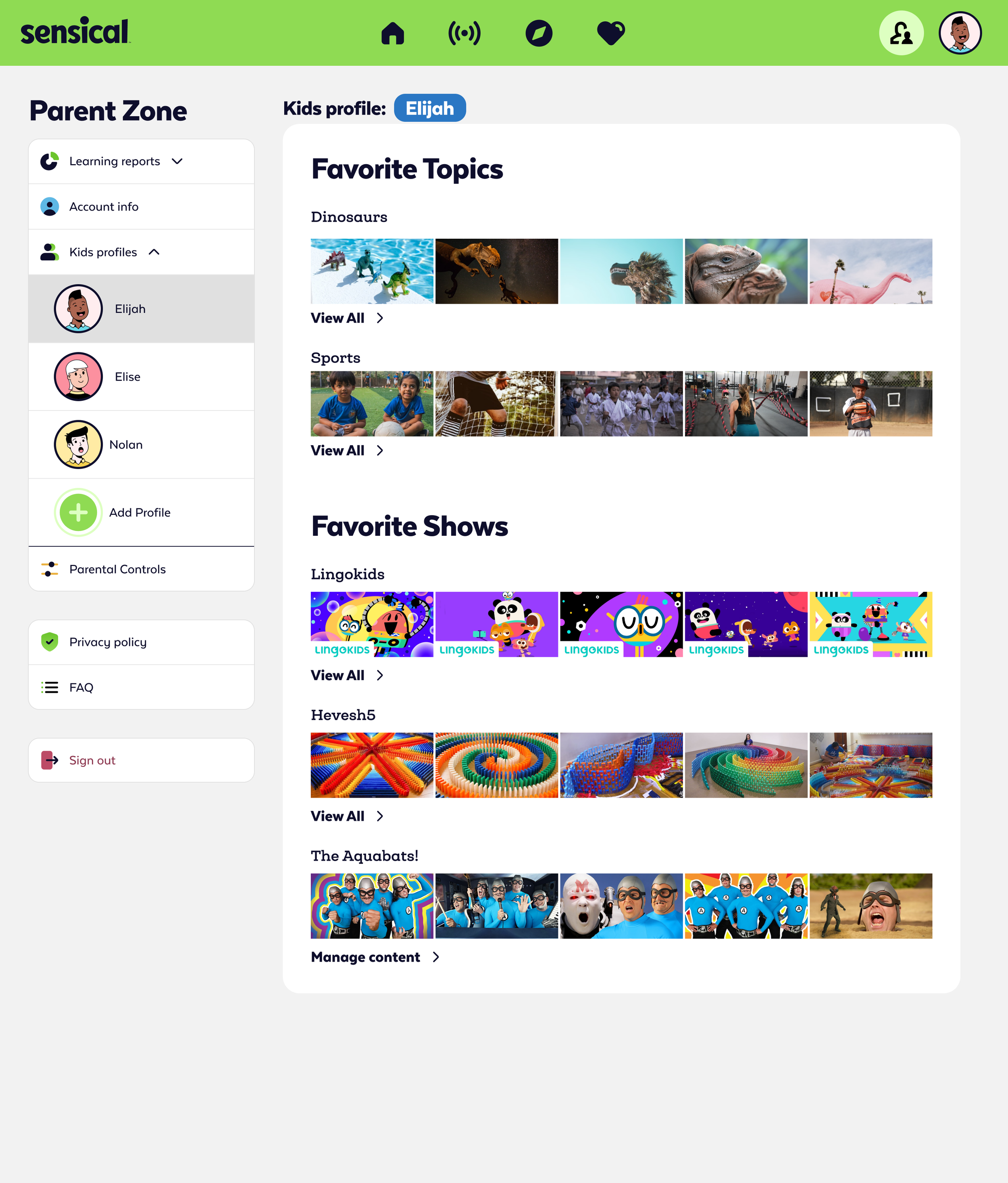 Screenshot of Sensical parental control dashboard showing game and TV show categories for a child's profile named Elijah, with options for viewing reports, managing profiles, and adjusting settings.