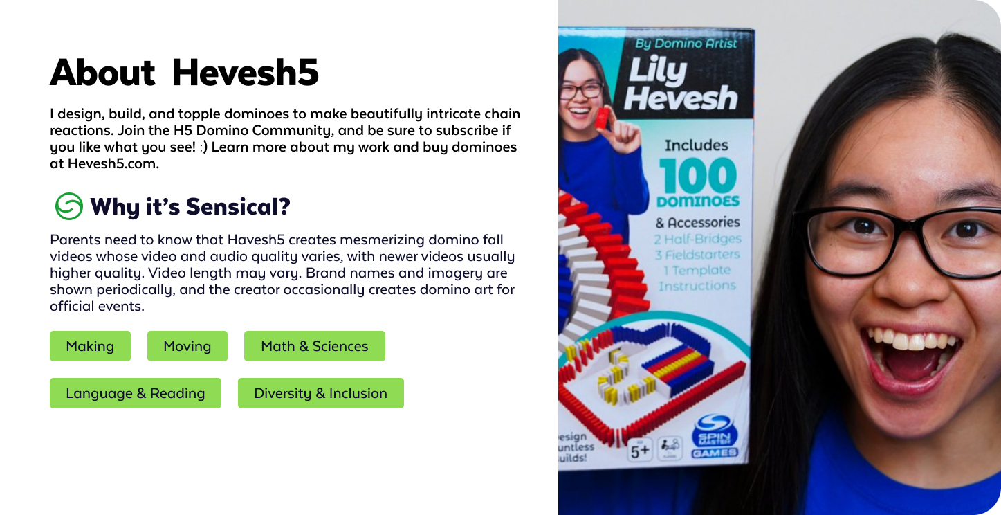 A webpage about Hevesh5, featuring a young girl smiling and holding a domino creation, with her Domino Art kit packaging visible showing she has built a domino display with 100 dominoes and accessories.