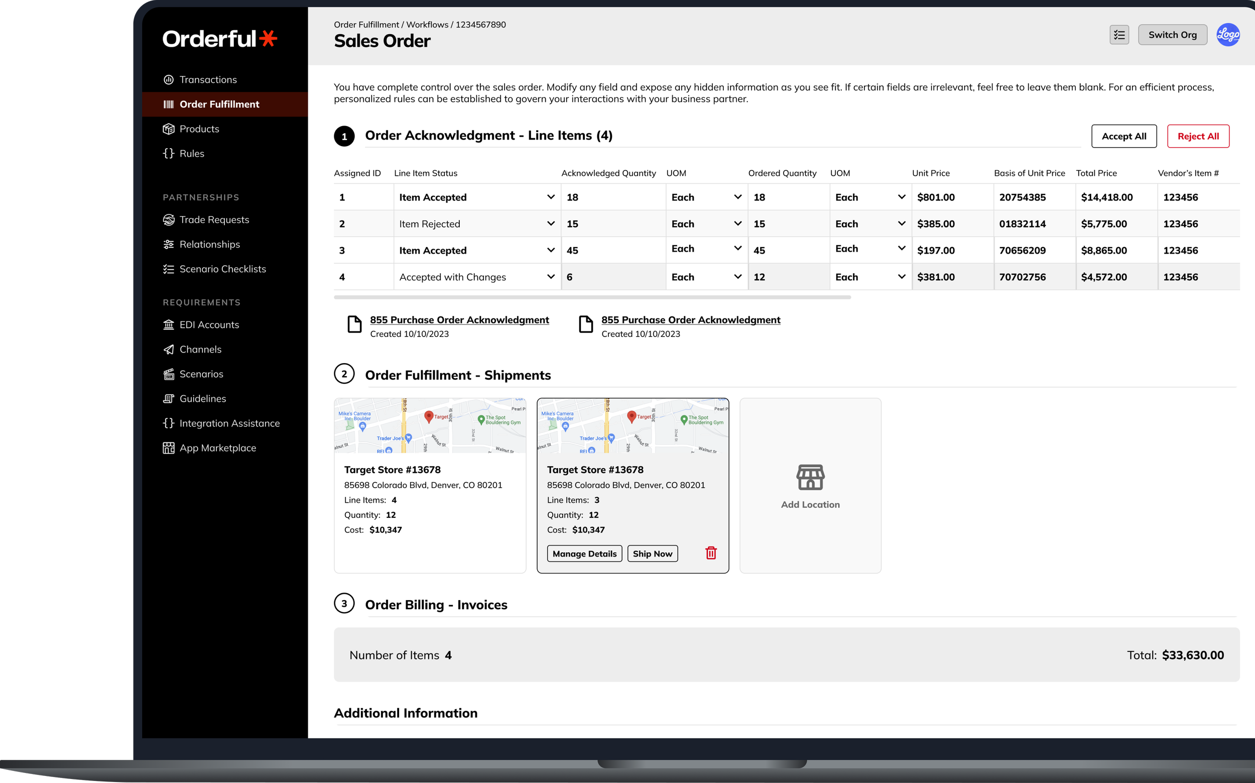 Screenshot of an online sales order management interface showing order acknowledgment, shipment details, and billing information, including maps and order item summaries.